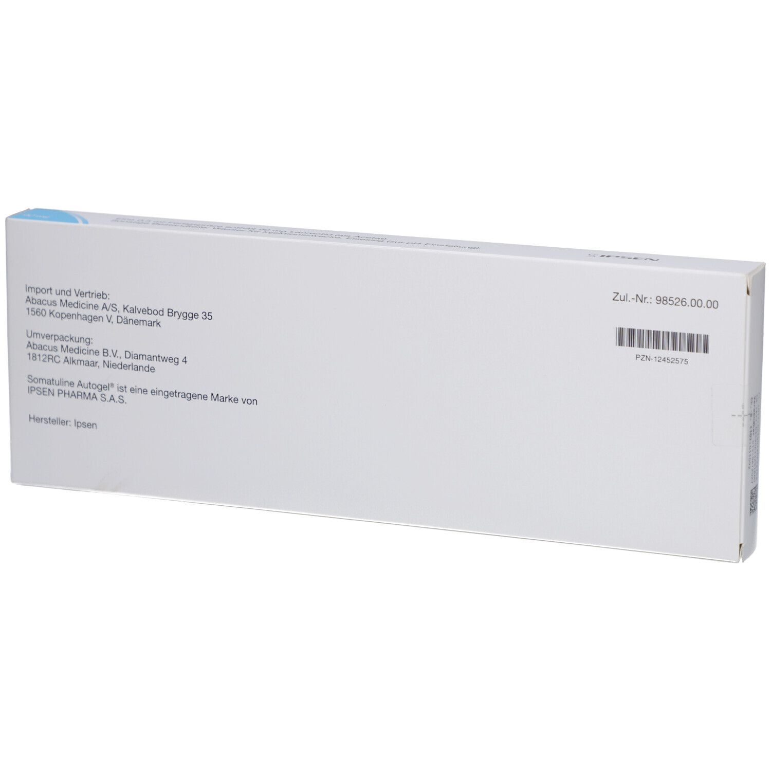 Rückseite der Somatuline Autogel 90 mg Verpackung. Weiße Schachtel mit Text und Barcode. Herstellerinformationen.