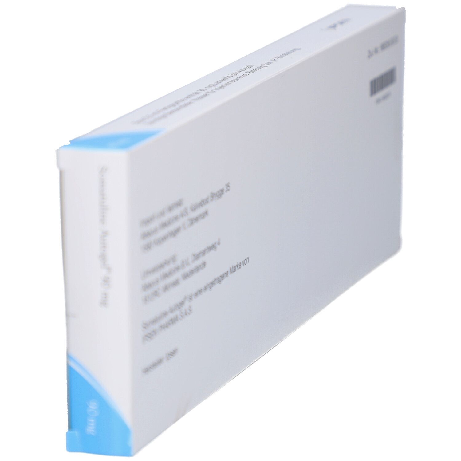 Seite der Somatuline Autogel 90 mg Verpackung. Weiße Schachtel mit Text. Herstellerinformationen und Produktname.