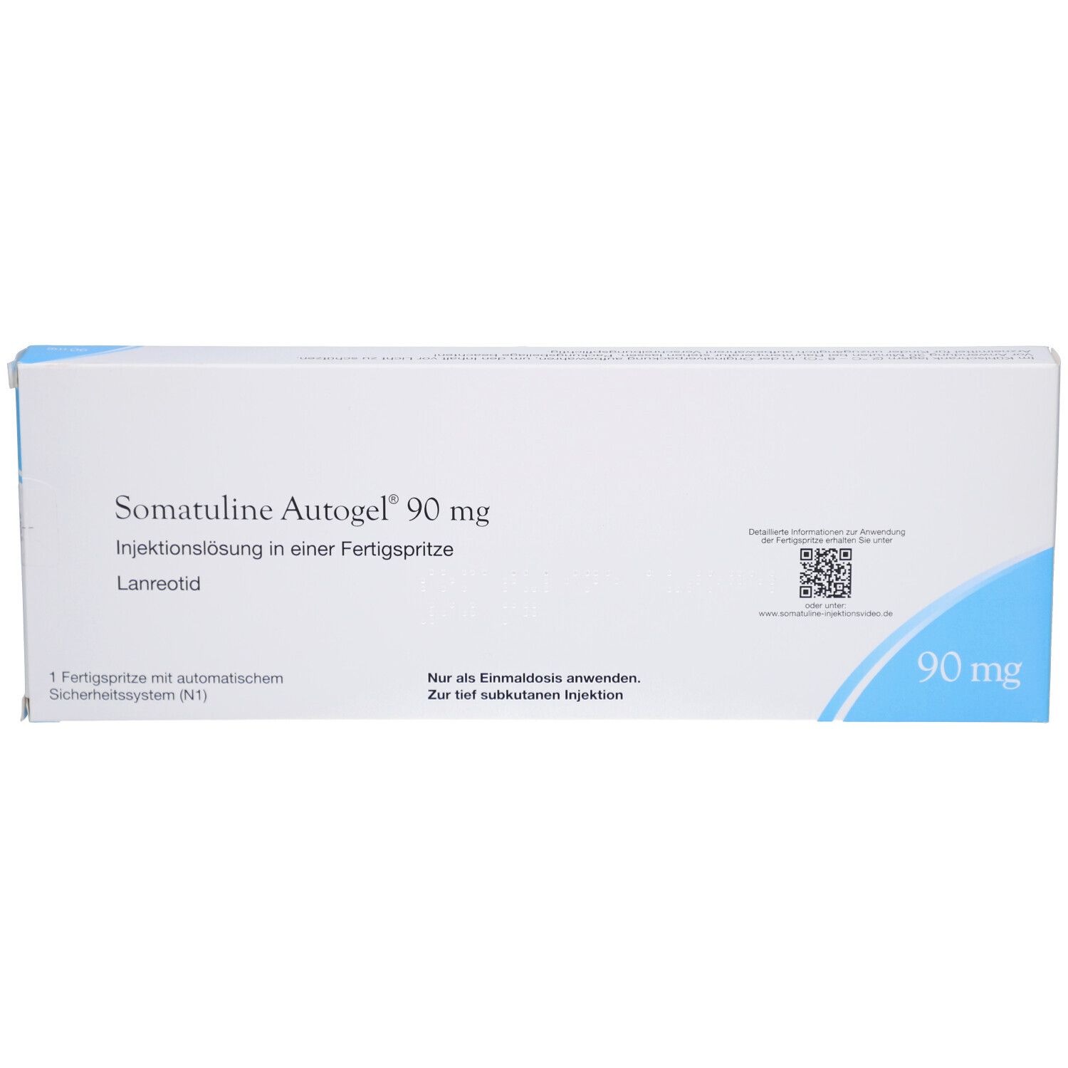 Verpackung von Somatuline Autogel 90 mg. Injektionslösung in Fertigspritze. Blaue und weiße Schachtel mit Produktinformationen.