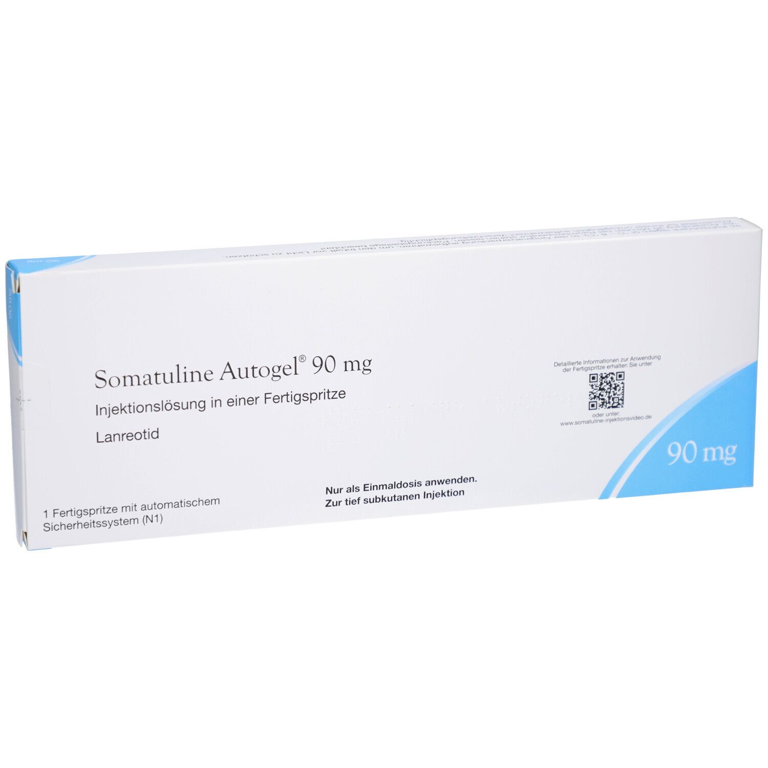 Verpackung von Somatuline Autogel 90 mg. Injektionslösung in Fertigspritze. Blaue und weiße Schachtel mit Produktinformationen.