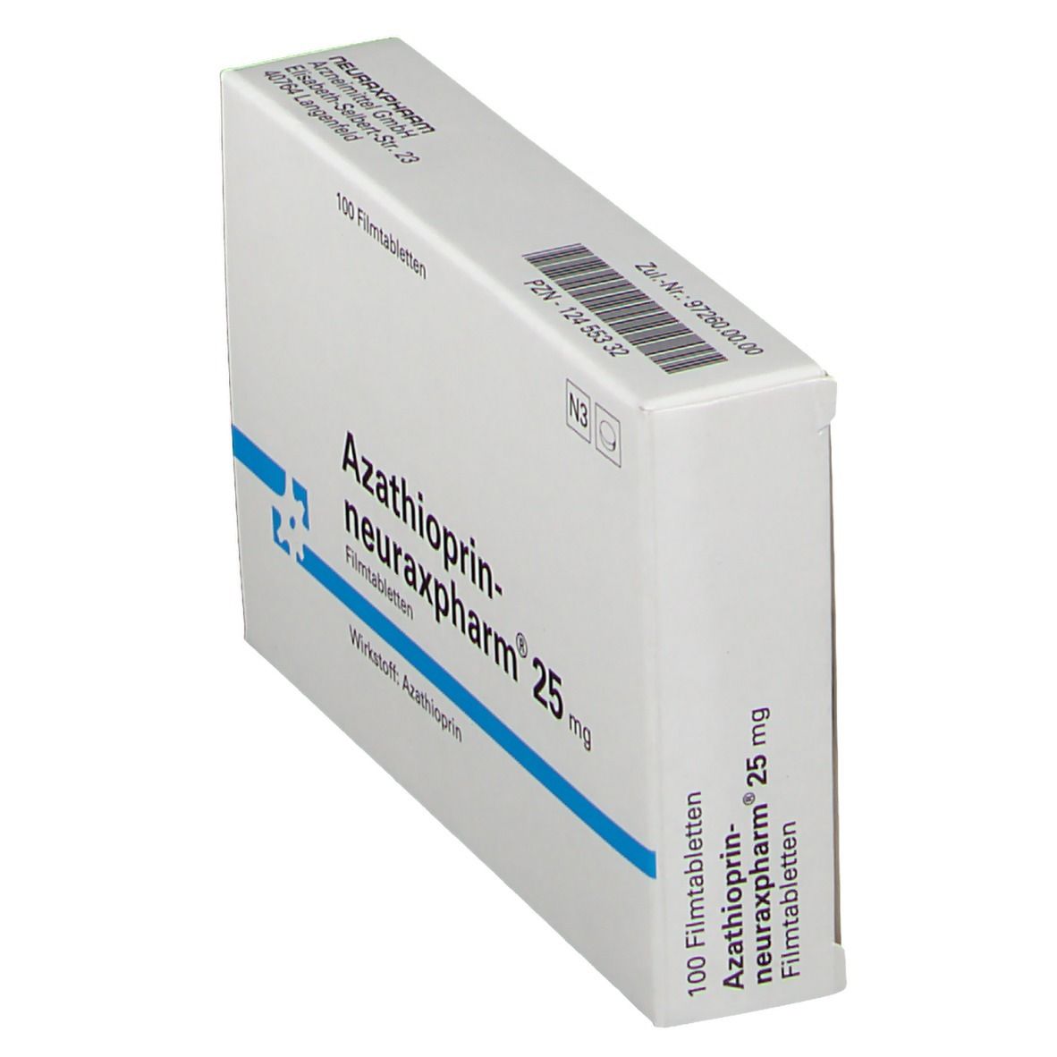 Schräg stehende Schachtel mit Azathioprin-neuraxpharm® 25 mg. Blaue Streifen und Schriftzug. 100 Filmtabletten.