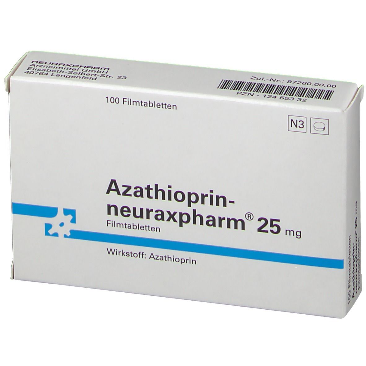 Schachtel mit Azathioprin-neuraxpharm® 25 mg Tabletten. Blaue Streifen und Schriftzug. 100 Filmtabletten.