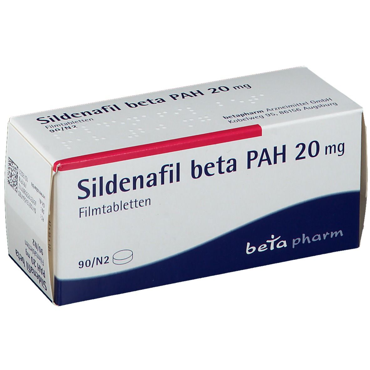 Schachtel mit Sildenafil beta PAH 20 mg Filmtabletten. Weiß, rot und blau. Beta pharm Logo.