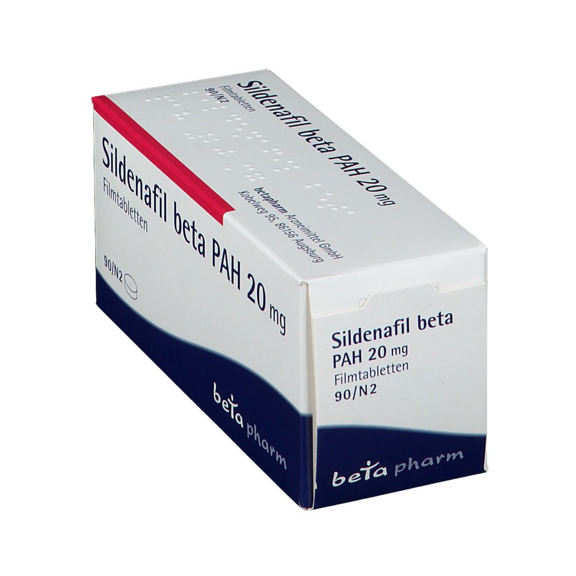 Schachtel mit Sildenafil beta PAH 20 mg Filmtabletten. Weiß, rot und blau. Beta pharm Logo.