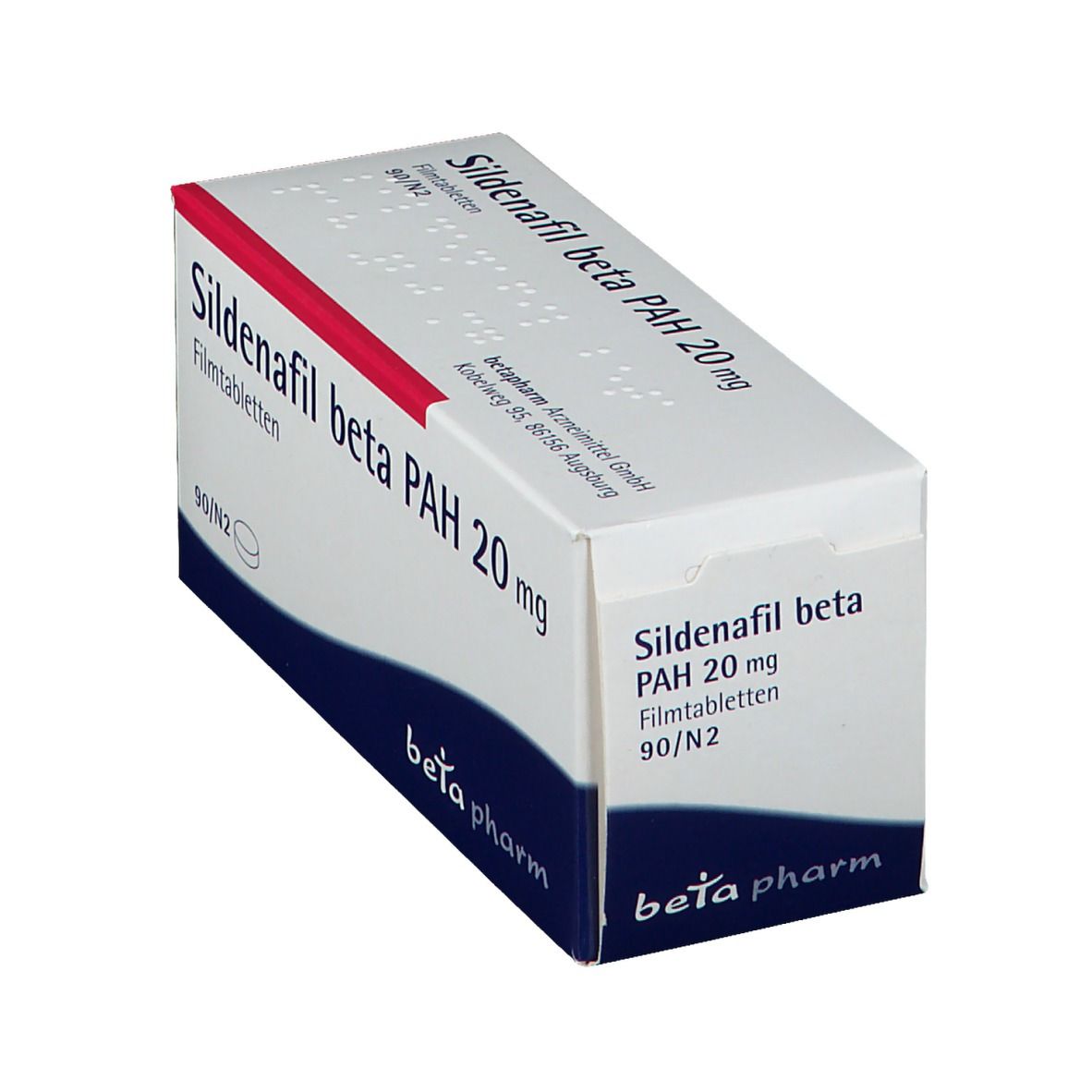 Schachtel mit Sildenafil beta PAH 20 mg Filmtabletten. Weiß, rot und blau. Beta pharm Logo.