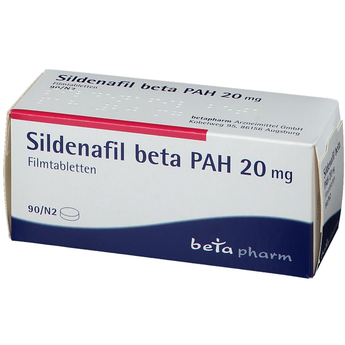 Schachtel mit Sildenafil beta PAH 20 mg Filmtabletten. Weiß, rot und blau. Beta pharm Logo.