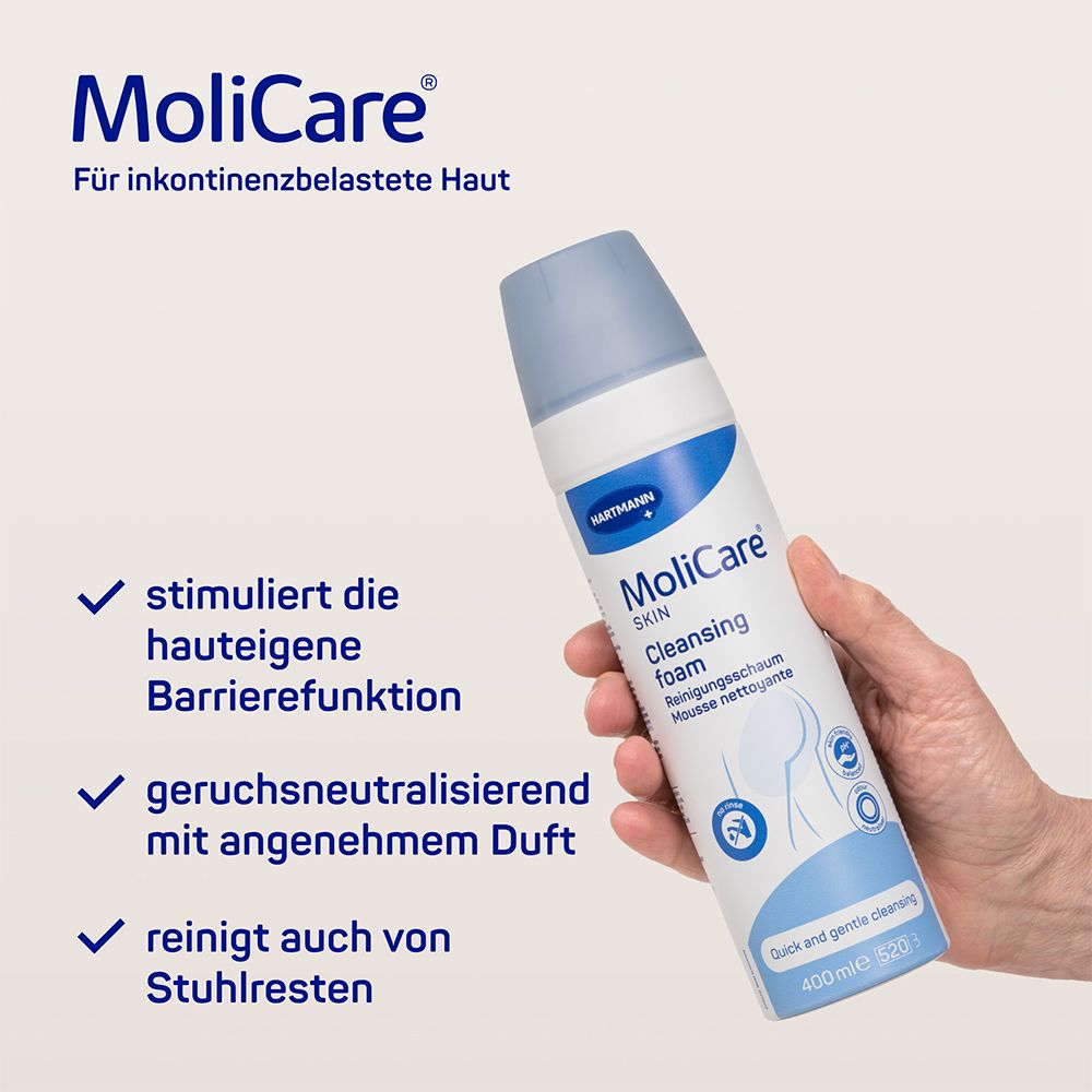 MoliCare Skin Reinigungsschaum: einfache und hautschonende Reinigung, speziell bei Stuhlinkontinenz