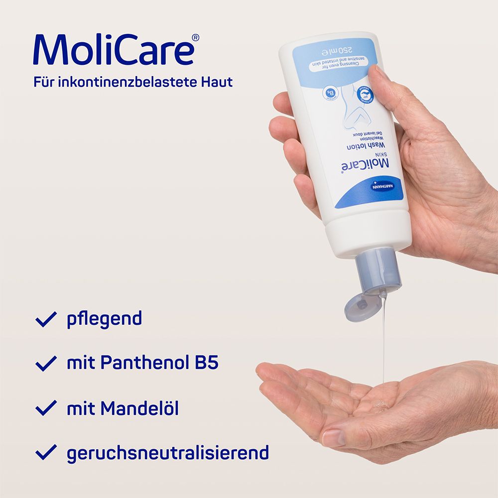 MoliCare Skin Waschlotion 250ml mit pflegendem Pantheol und Mandelöl, geruchsneutraliesierent, pH-hautneutral