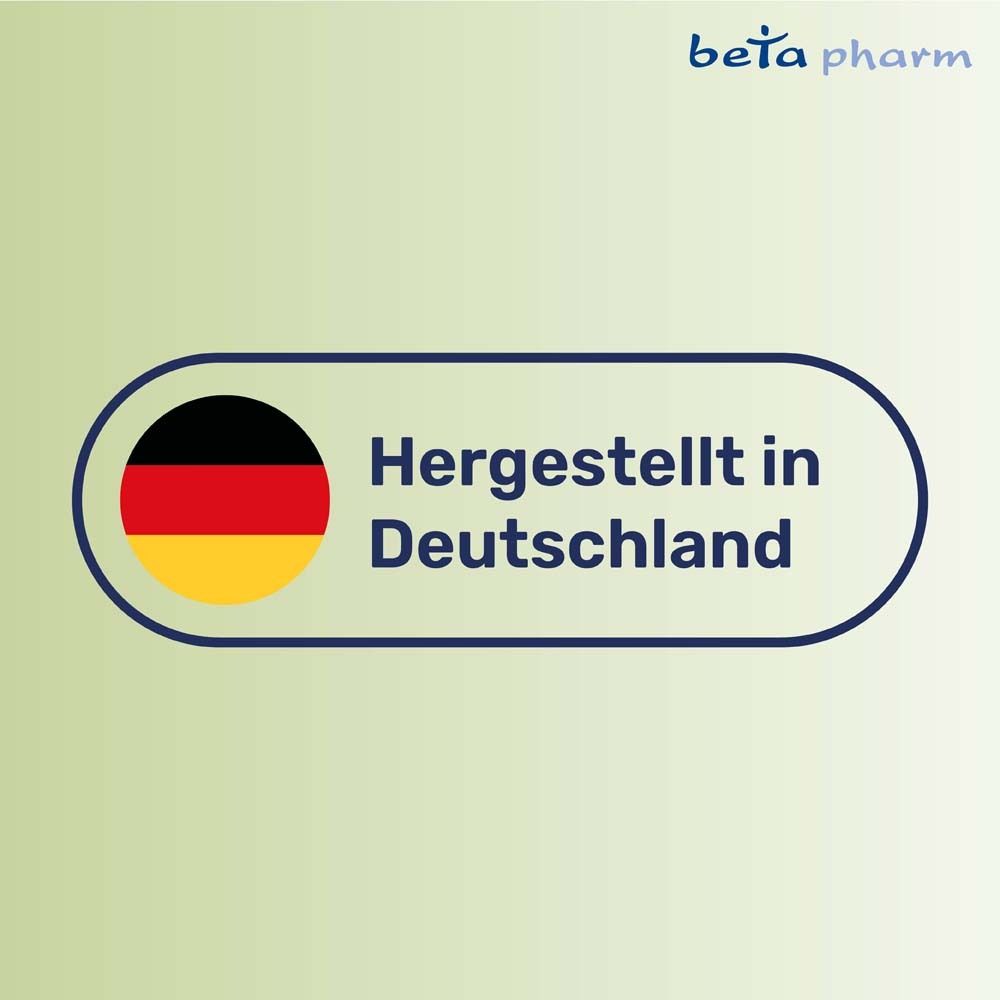 Logo mit deutscher Flagge. Text: Hergestellt in Deutschland. Logo: beta pharm.