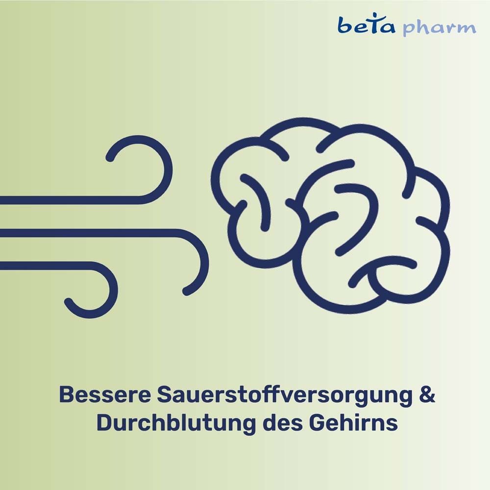 Gehirn mit Wind. Text: Bessere Sauerstoffversorgung & Durchblutung des Gehirns. Logo: beta pharm.