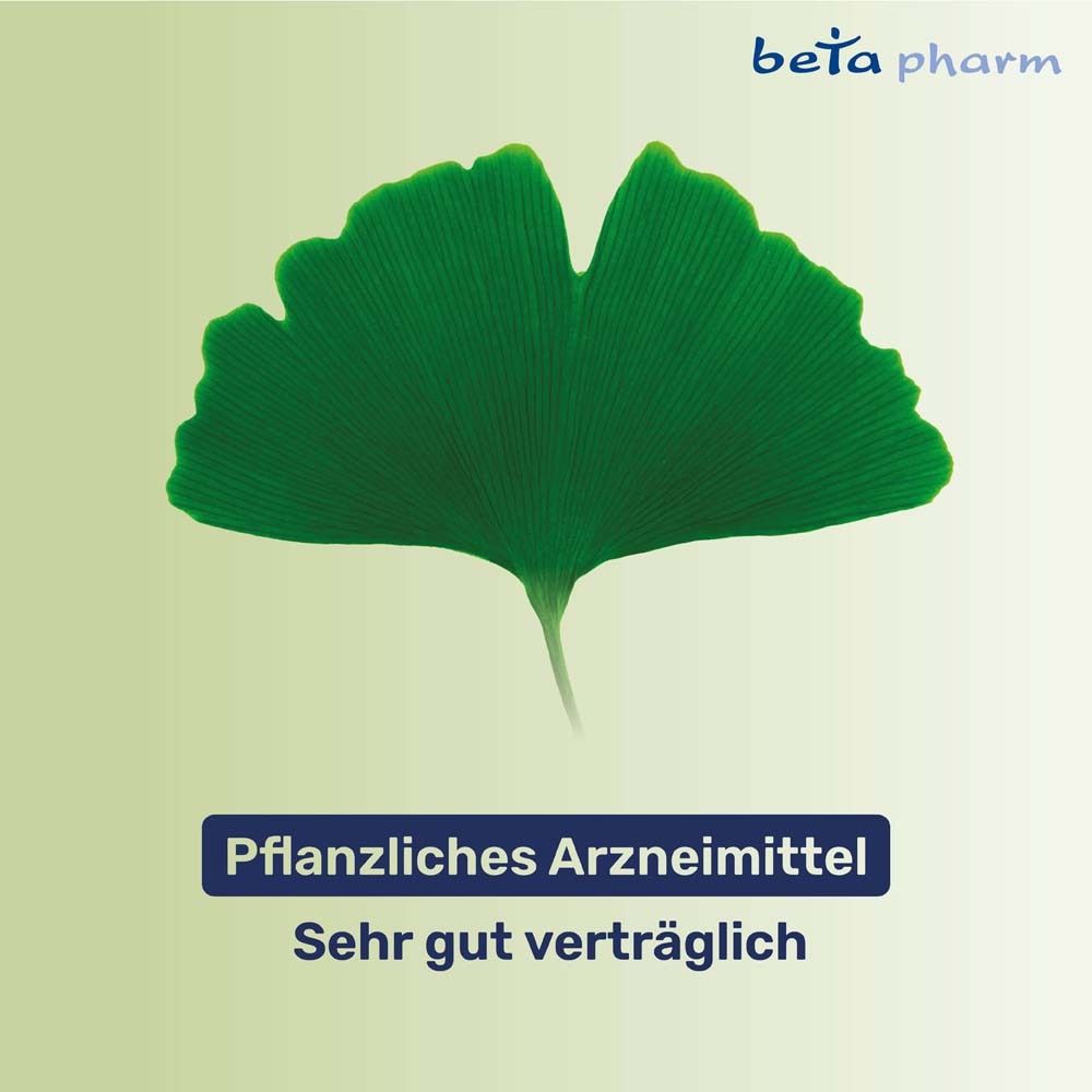 Grünes Ginkgo-Blatt. Text: Pflanzliches Arzneimittel. Sehr gut verträglich.