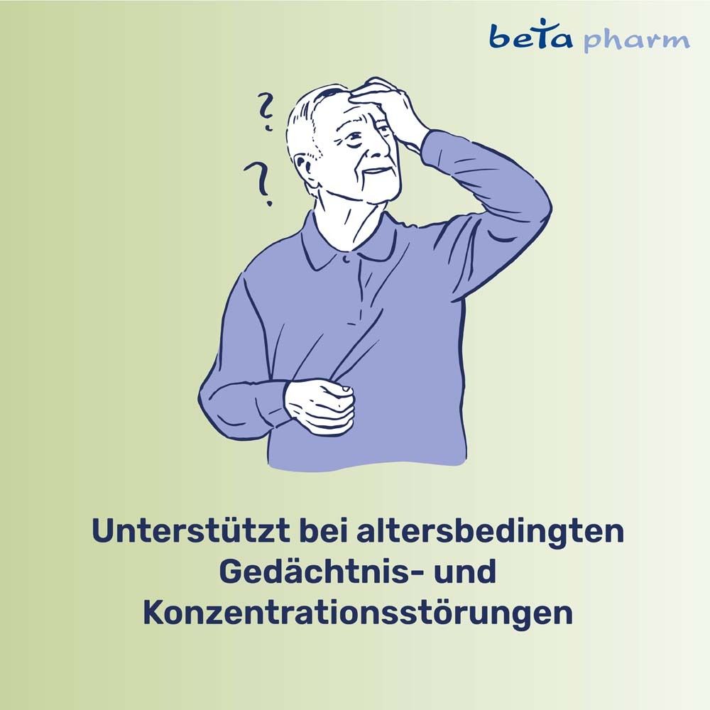 Illustration einer älteren Person mit Fragezeichen. Text: Unterstützt bei altersbedingten Gedächtnis- und Konzentrationsstörungen.