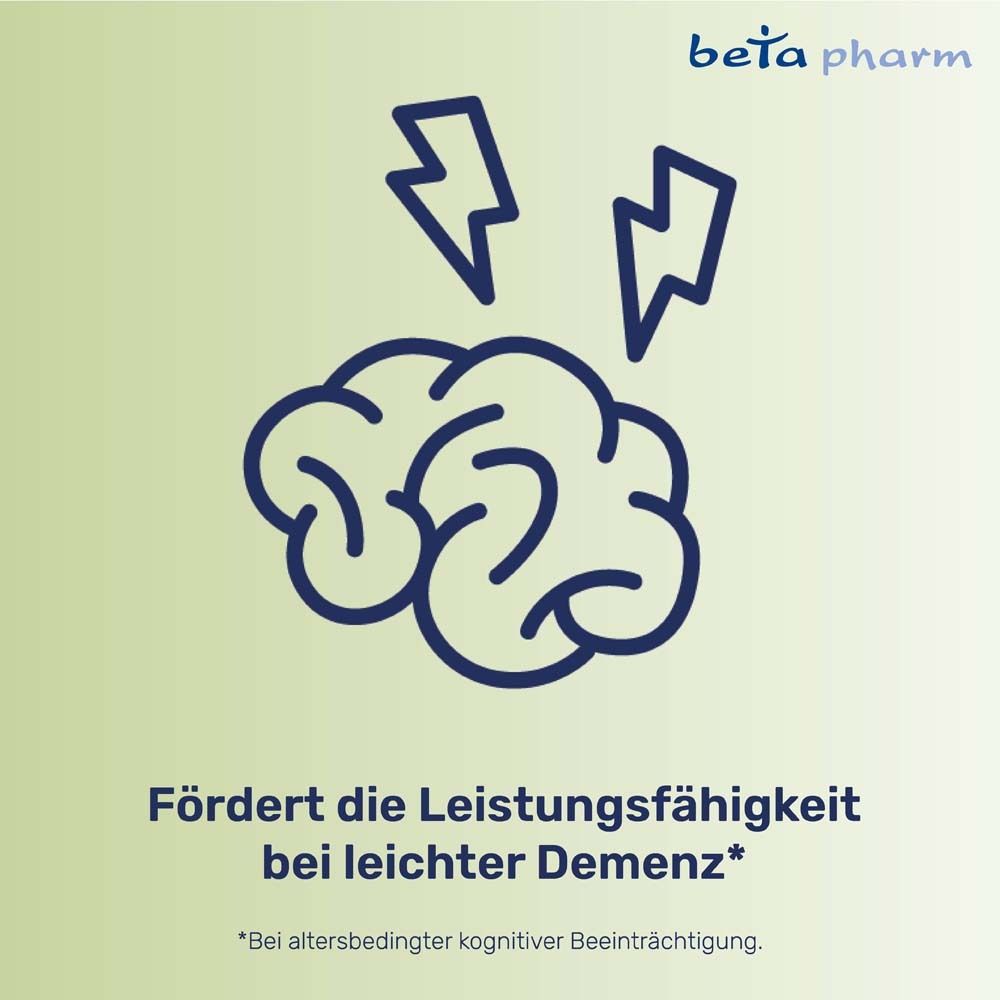 Gehirn mit Blitzen. Text: Fördert die Leistungsfähigkeit bei leichter Demenz.