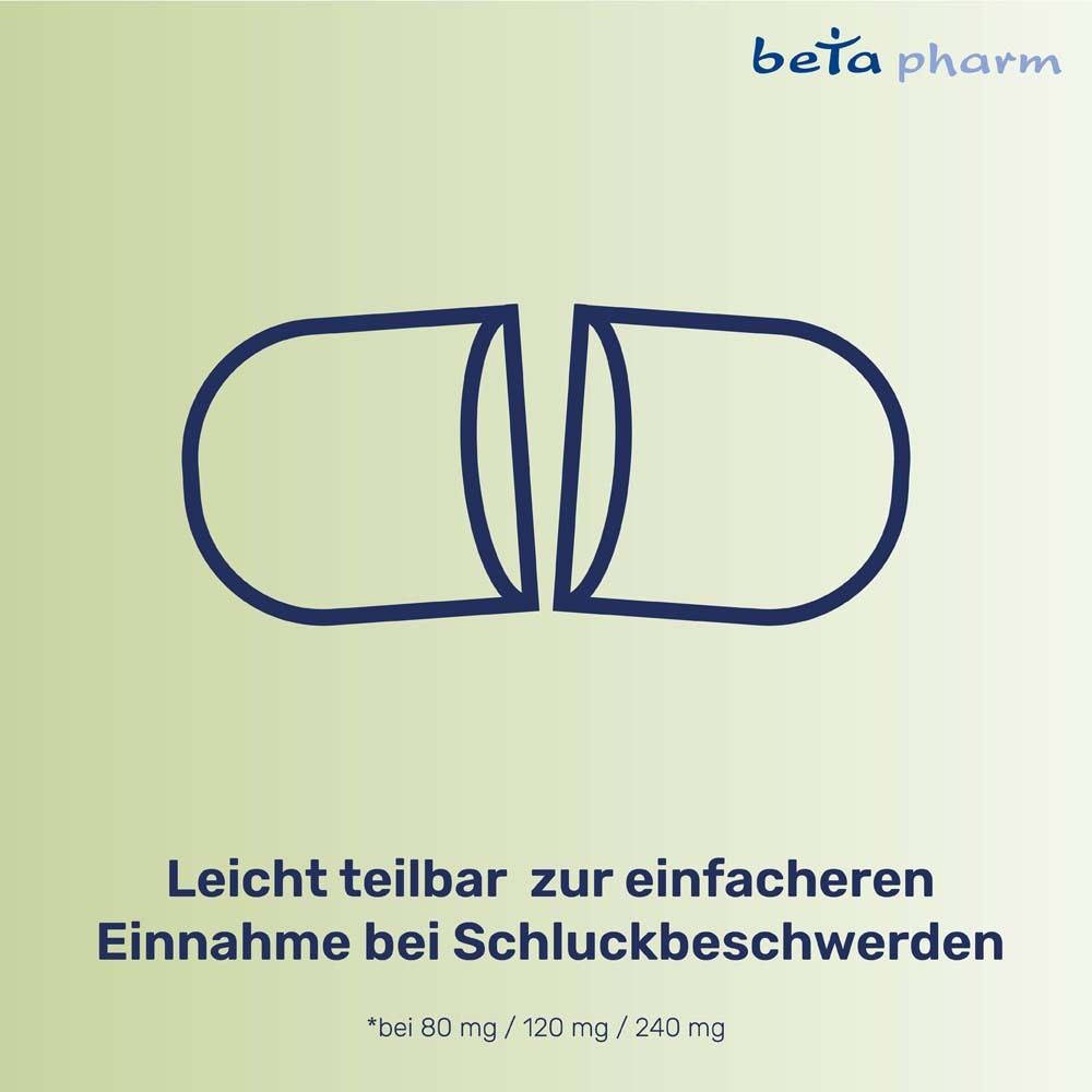 Geteilte Kapsel. Text: Leicht teilbar zur einfacheren Einnahme bei Schluckbeschwerden.