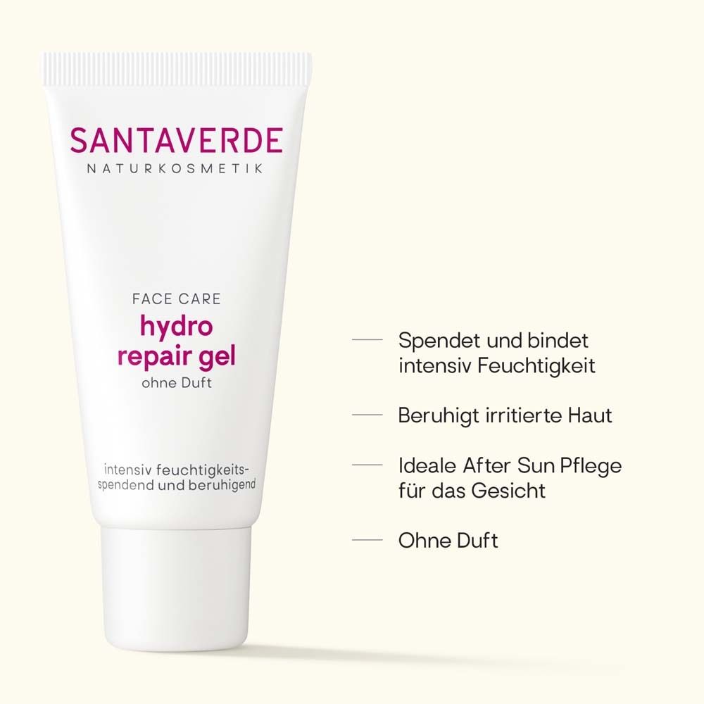 Weiße Tube mit Produktbezeichnung: hydro repair gel ohne Duft. Text: Spendet Feuchtigkeit, beruhigt Haut.