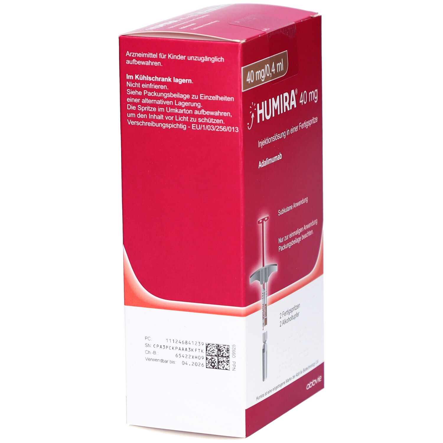 Rote Humira-Verpackung. Enthält 40 mg/0,4 ml Injektionslösung in Fertigspritze. Seitenansicht mit Text.