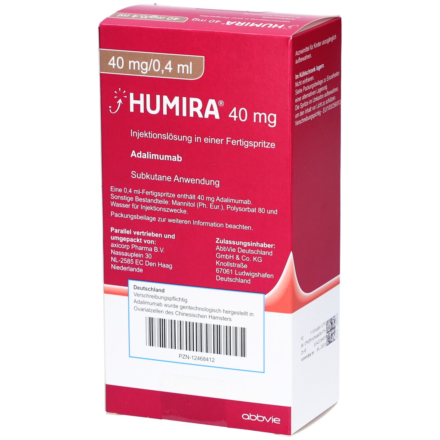 Rote Humira-Verpackung. Enthält 40 mg/0,4 ml Injektionslösung in Fertigspritze. Rückseite mit Text und Barcode.