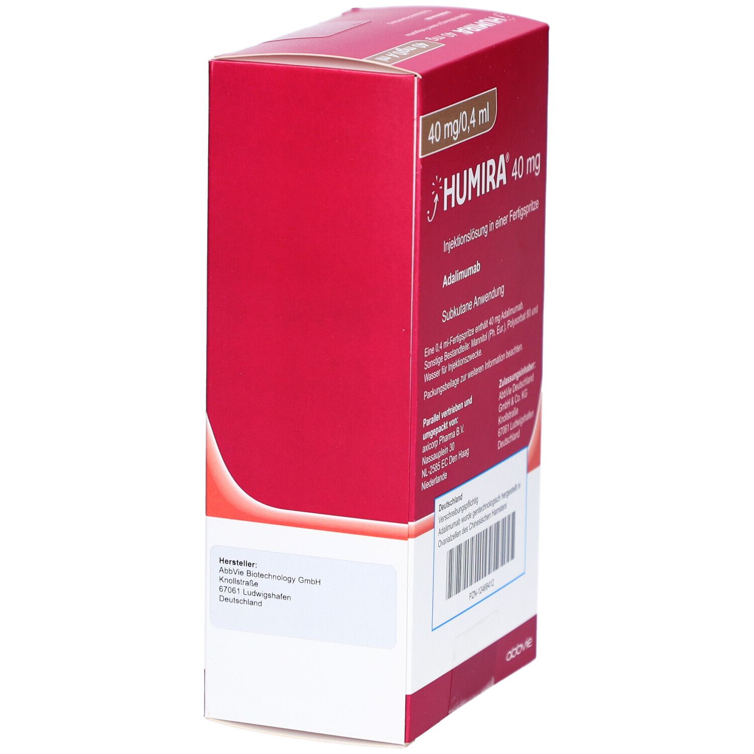 Rote Humira-Verpackung. Enthält 40 mg/0,4 ml Injektionslösung in Fertigspritze. Seitenansicht mit Text.