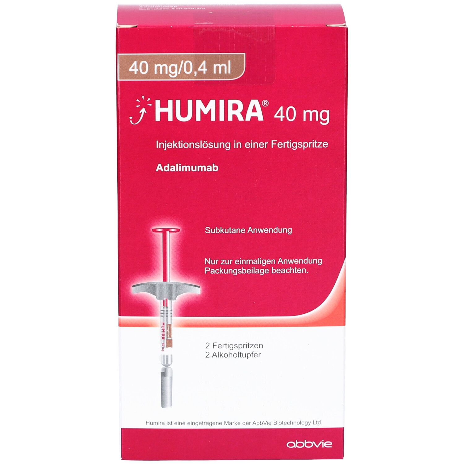 Rote Humira-Verpackung. Enthält 40 mg/0,4 ml Injektionslösung in Fertigspritze. Abbildung einer Fertigspritze.