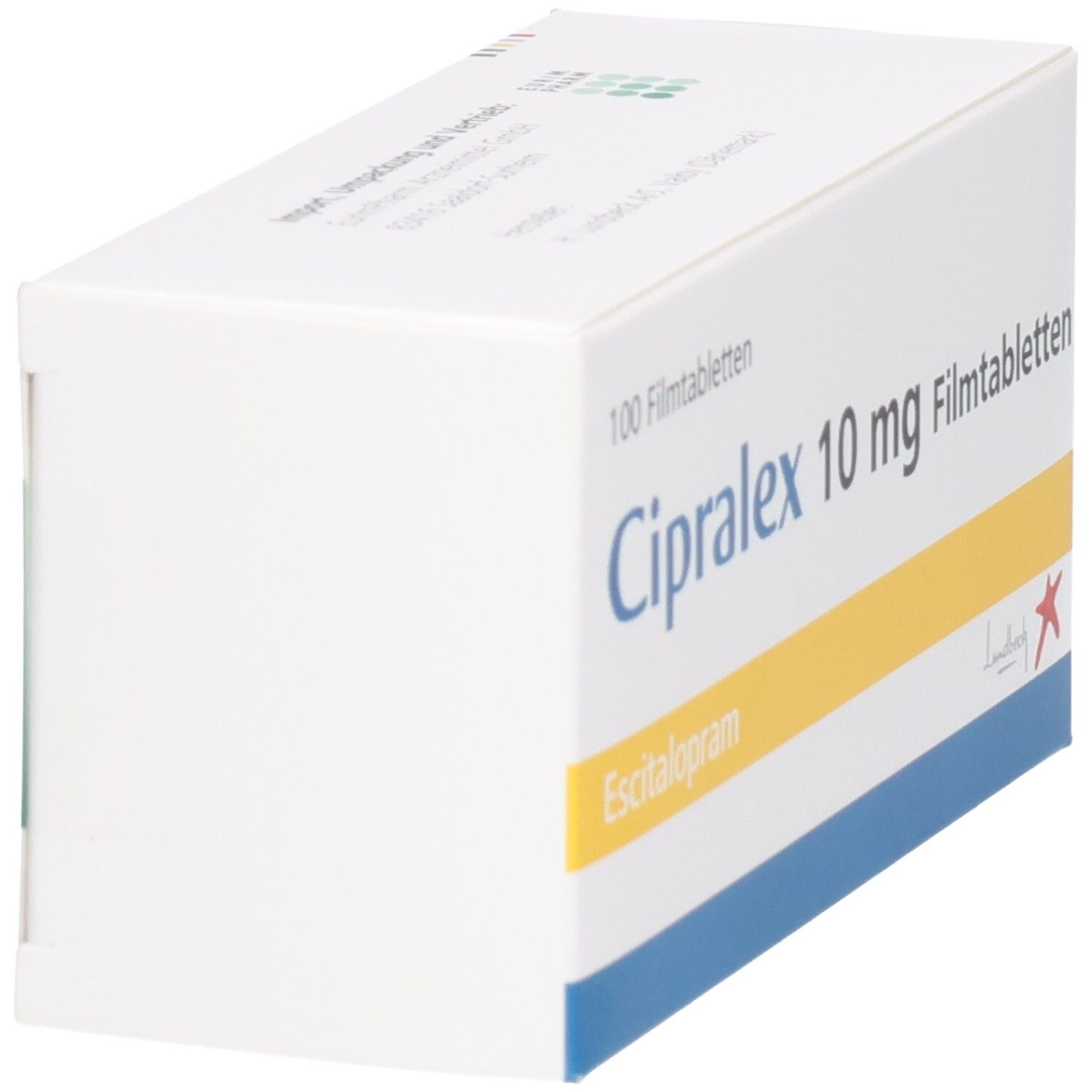 Cipralex 10 mg Filmtabletten Schachtel, Seitenansicht. Enthält 100 Stück Escitalopram.