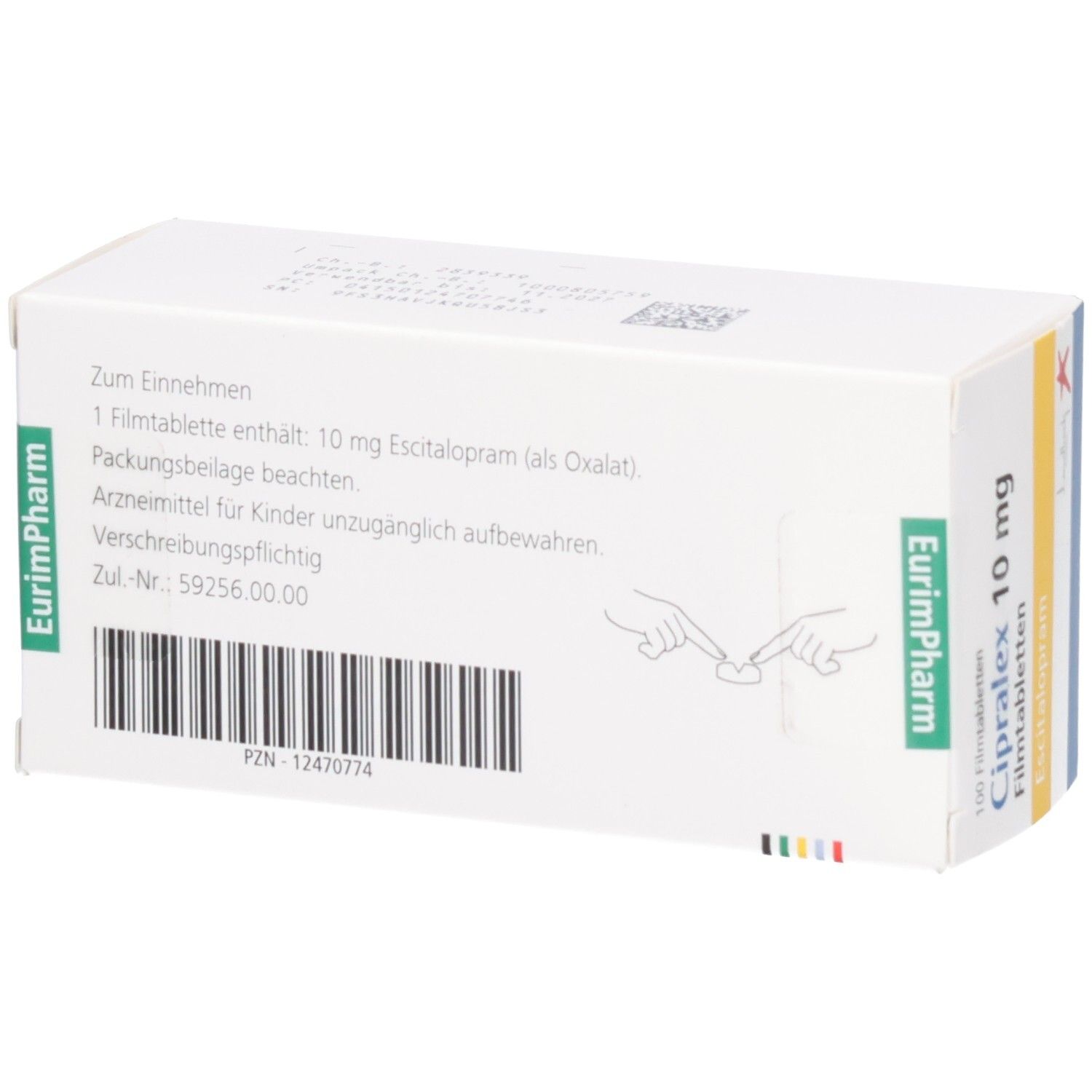 Rückseite der Cipralex 10 mg Filmtabletten Schachtel. Enthält 100 Stück Escitalopram.