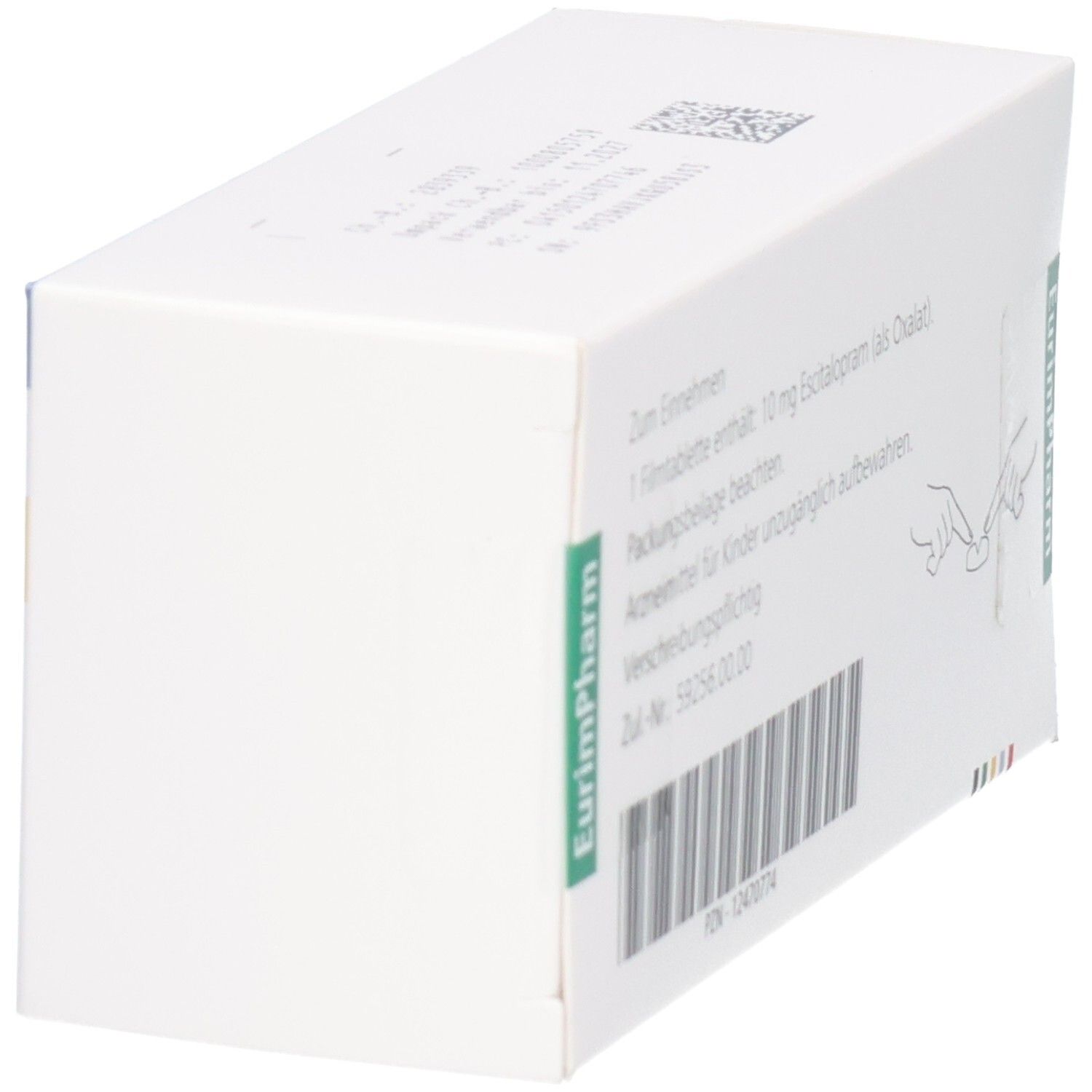 Seitenansicht der Rückseite der Cipralex 10 mg Filmtabletten Schachtel. Enthält Escitalopram.