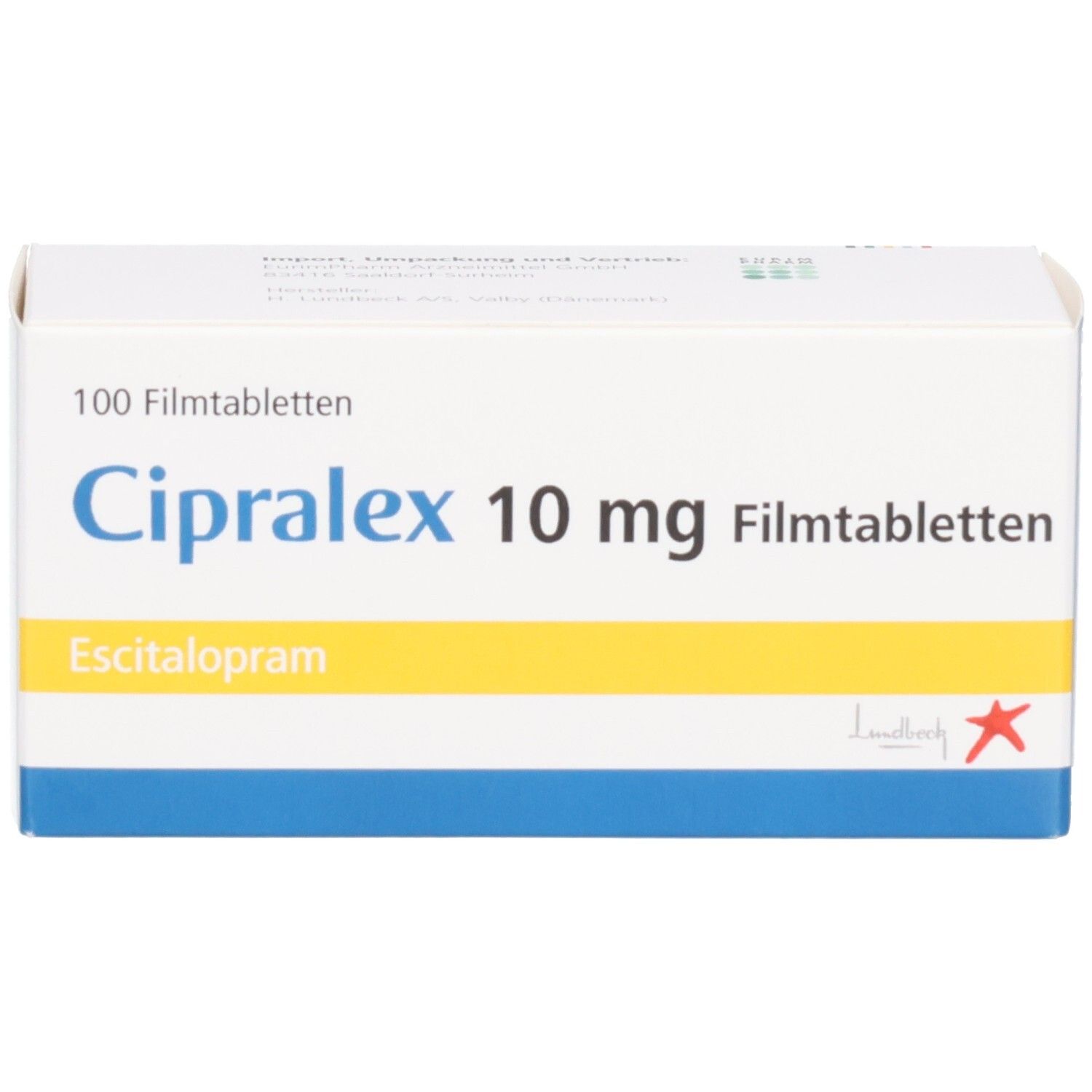 Cipralex 10 mg Filmtabletten Schachtel. Enthält 100 Stück Escitalopram.