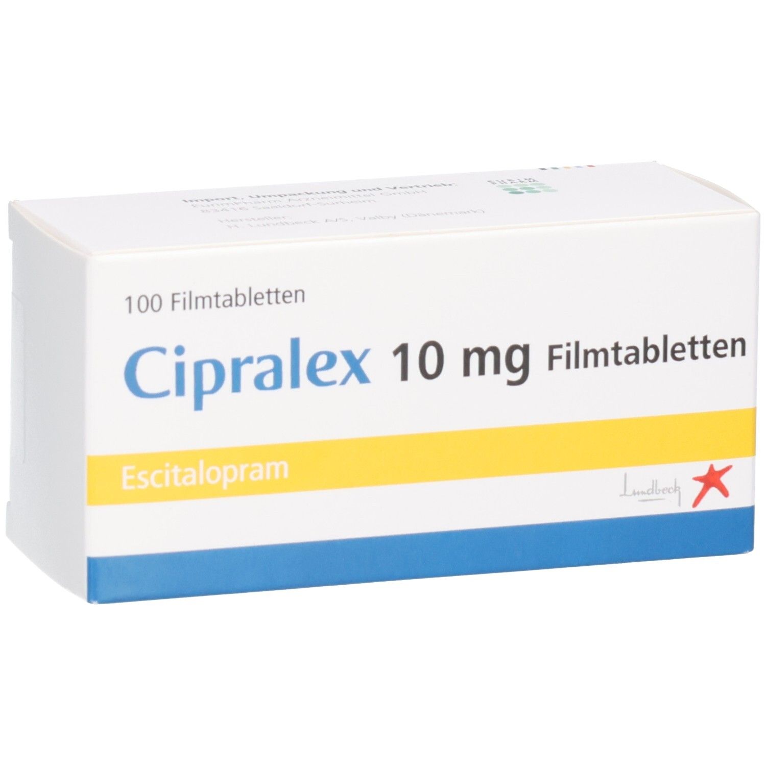 Cipralex 10 mg Filmtabletten Schachtel. Enthält 100 Stück Escitalopram.