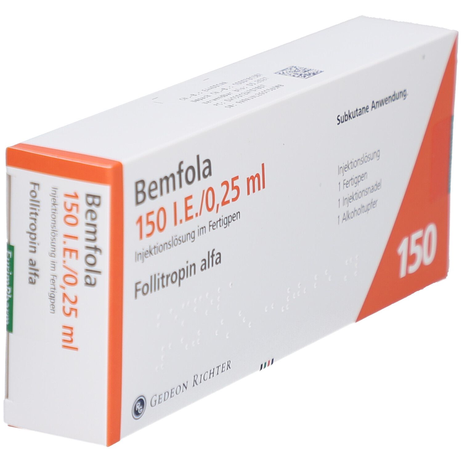 Schräg gestellte weiße Box mit roter und orangefarbener Beschriftung. BEMFOLA 150 I.E./0,25 ml. Subkutane Anwendung.