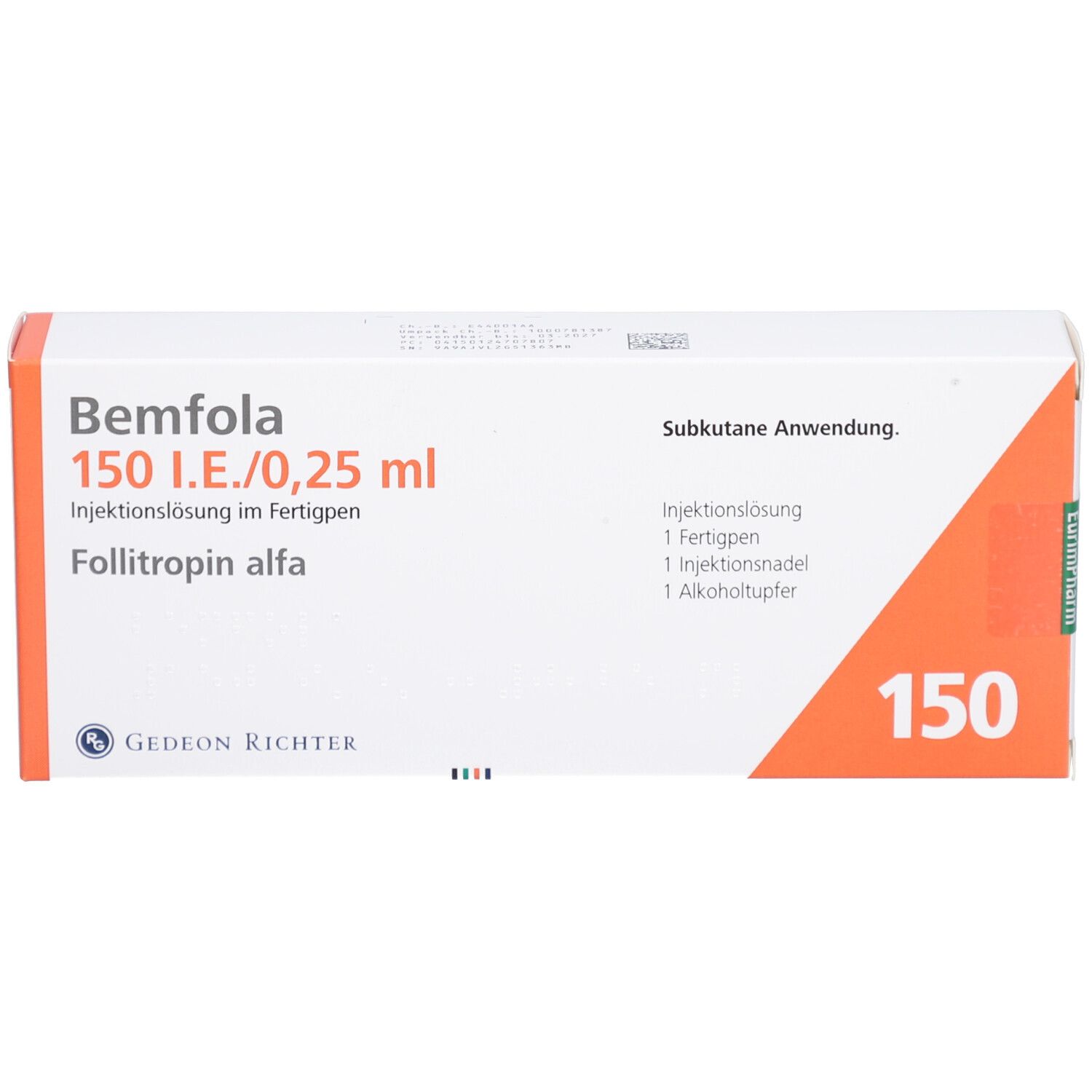 Weiße Box mit roter und orangefarbener Beschriftung. BEMFOLA 150 I.E./0,25 ml. Subkutane Anwendung.