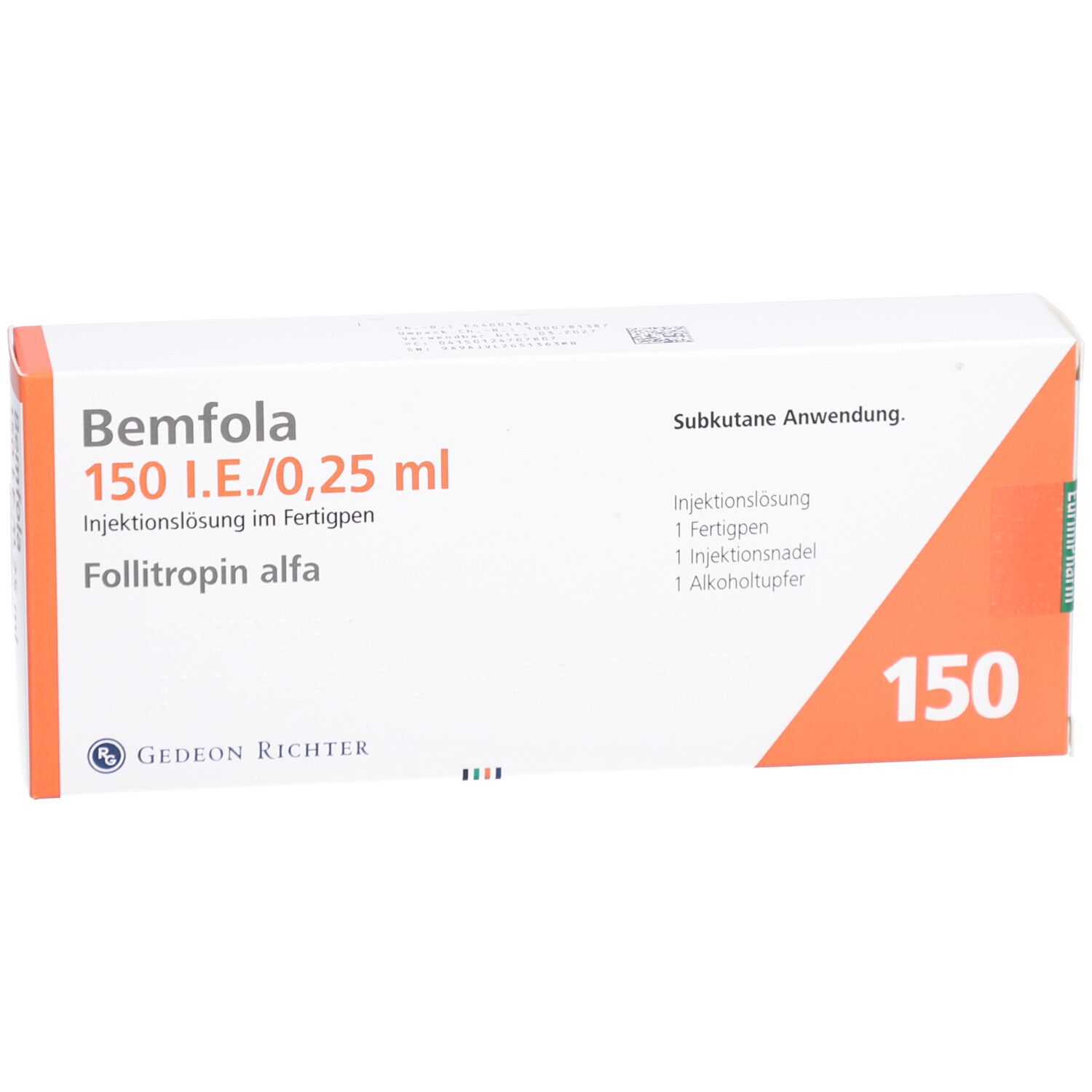 Weiße Box mit roter und orangefarbener Beschriftung. BEMFOLA 150 I.E./0,25 ml. Subkutane Anwendung.