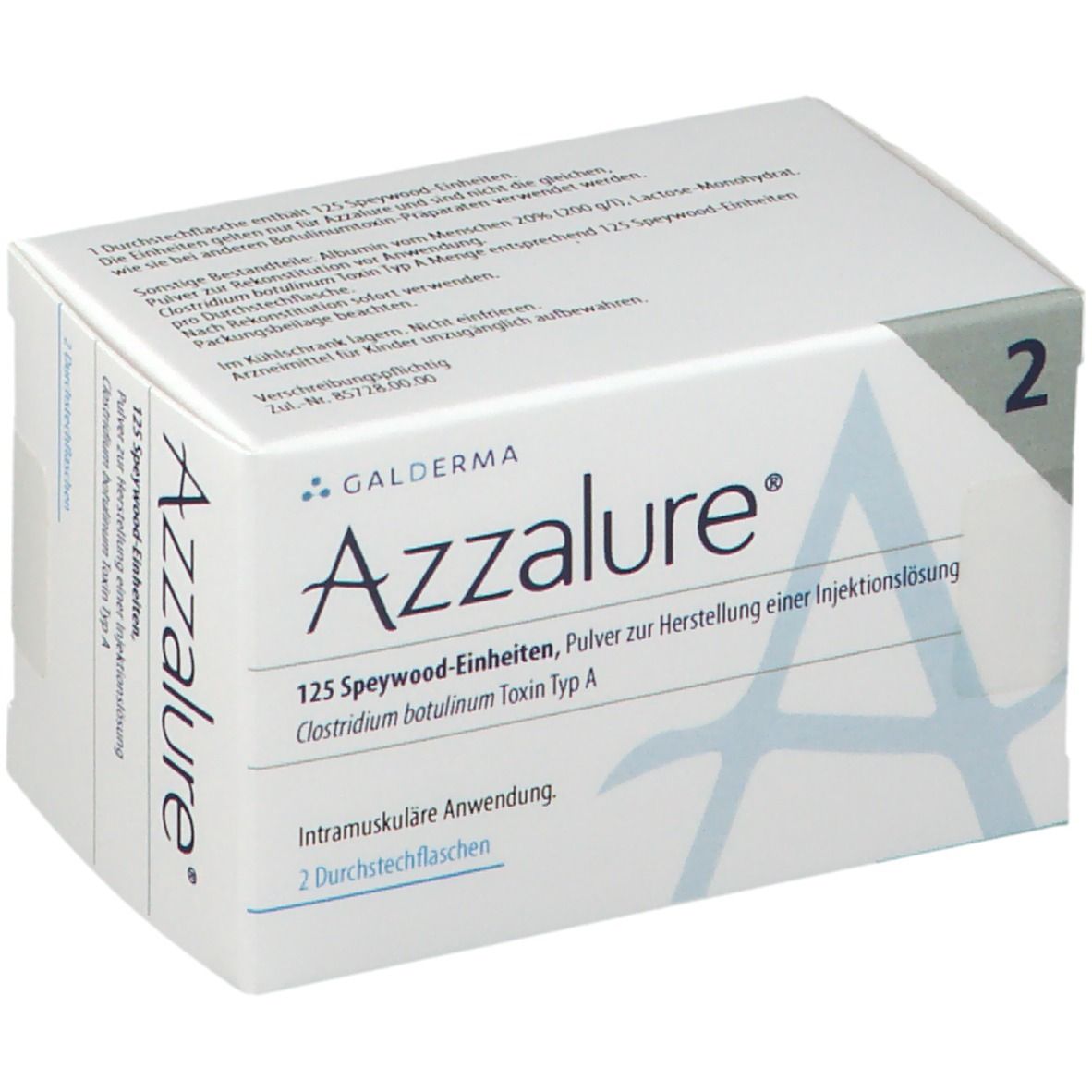 Weiße Faltschachtel mit Produktnamen und Logo. Enthält 2 Durchstechflaschen. Aufschrift: 125 Speywood-Einheiten, Clostridium botulinum Toxin Typ A.