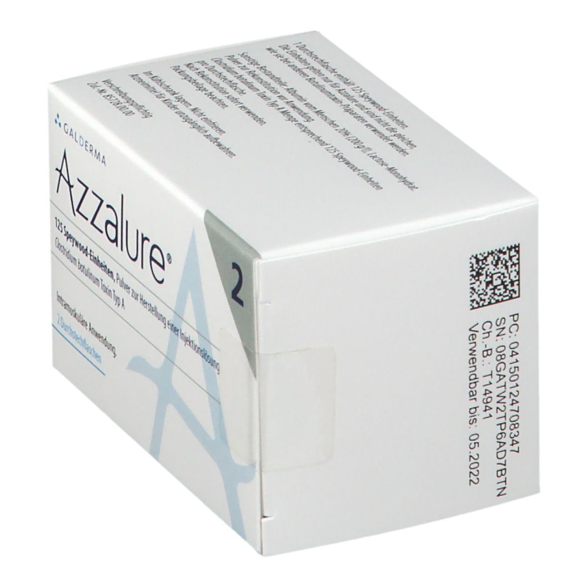 Weiße Faltschachtel mit Produktnamen und Logo. Enthält 2 Durchstechflaschen. Aufschrift: 125 Speywood-Einheiten, Clostridium botulinum Toxin Typ A. Mit Barcode.