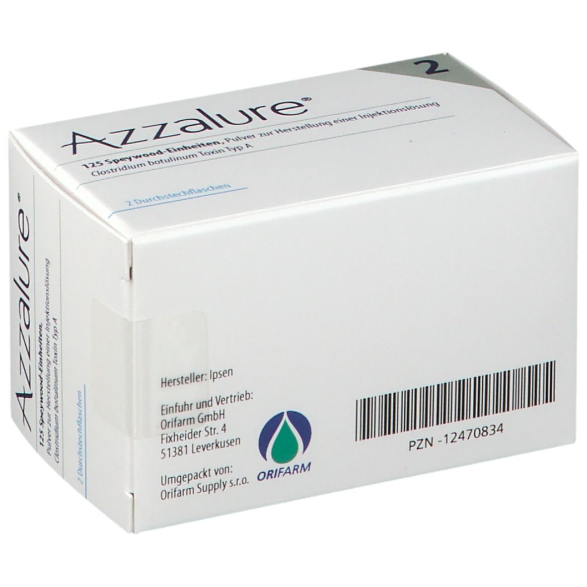 Weiße Faltschachtel mit Produktnamen und Logo. Enthält 2 Durchstechflaschen. Aufschrift: 125 Speywood-Einheiten, Clostridium botulinum Toxin Typ A. Mit Barcode.