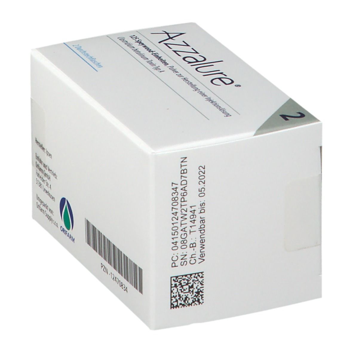 Weiße Faltschachtel mit Produktnamen und Logo. Enthält 2 Durchstechflaschen. Aufschrift: 125 Speywood-Einheiten, Clostridium botulinum Toxin Typ A. Mit Barcode.