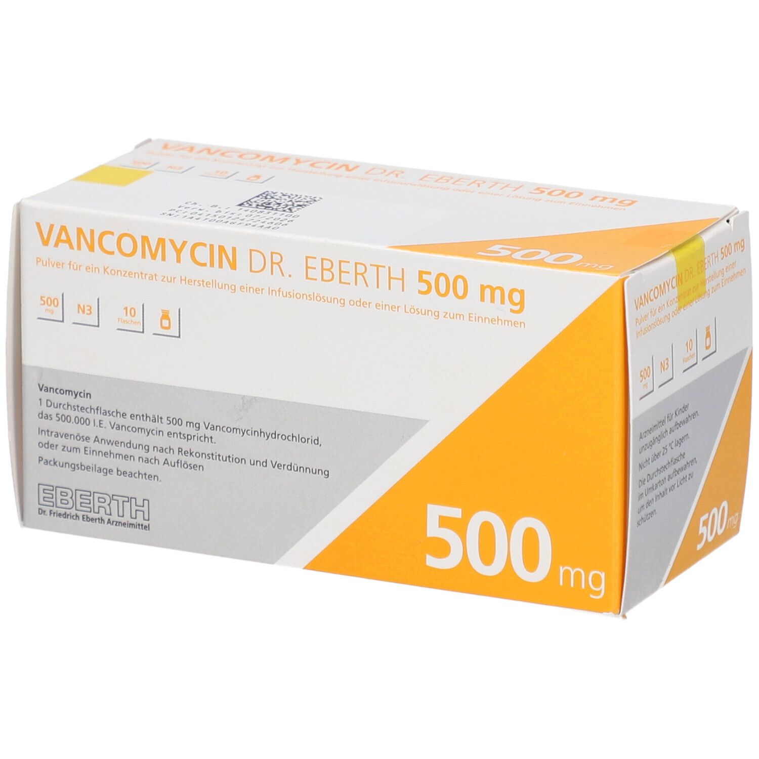Verpackung von VANCOMYCIN DR. EBERTH 500 mg. Weiß-orangefarbener Karton mit Produktinformationen und Dosierungsangaben.