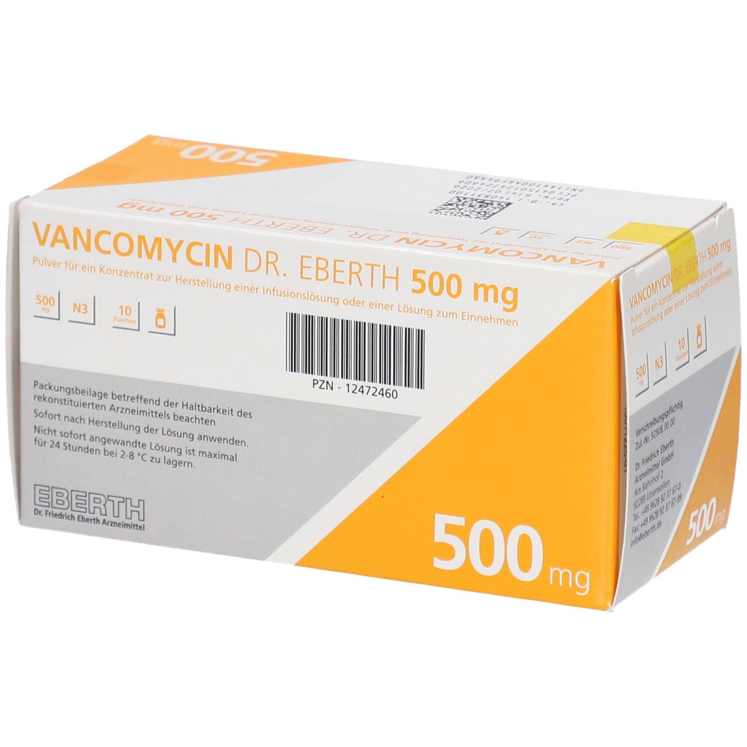 Verpackung von VANCOMYCIN DR. EBERTH 500 mg. Weiß-orangefarbener Karton mit Produktinformationen und PZN-Nummer.