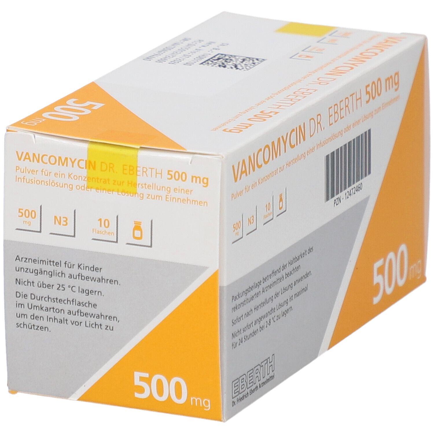Verpackung von VANCOMYCIN DR. EBERTH 500 mg. Weiß-orangefarbener Karton mit Produktinformationen und Warnhinweisen.