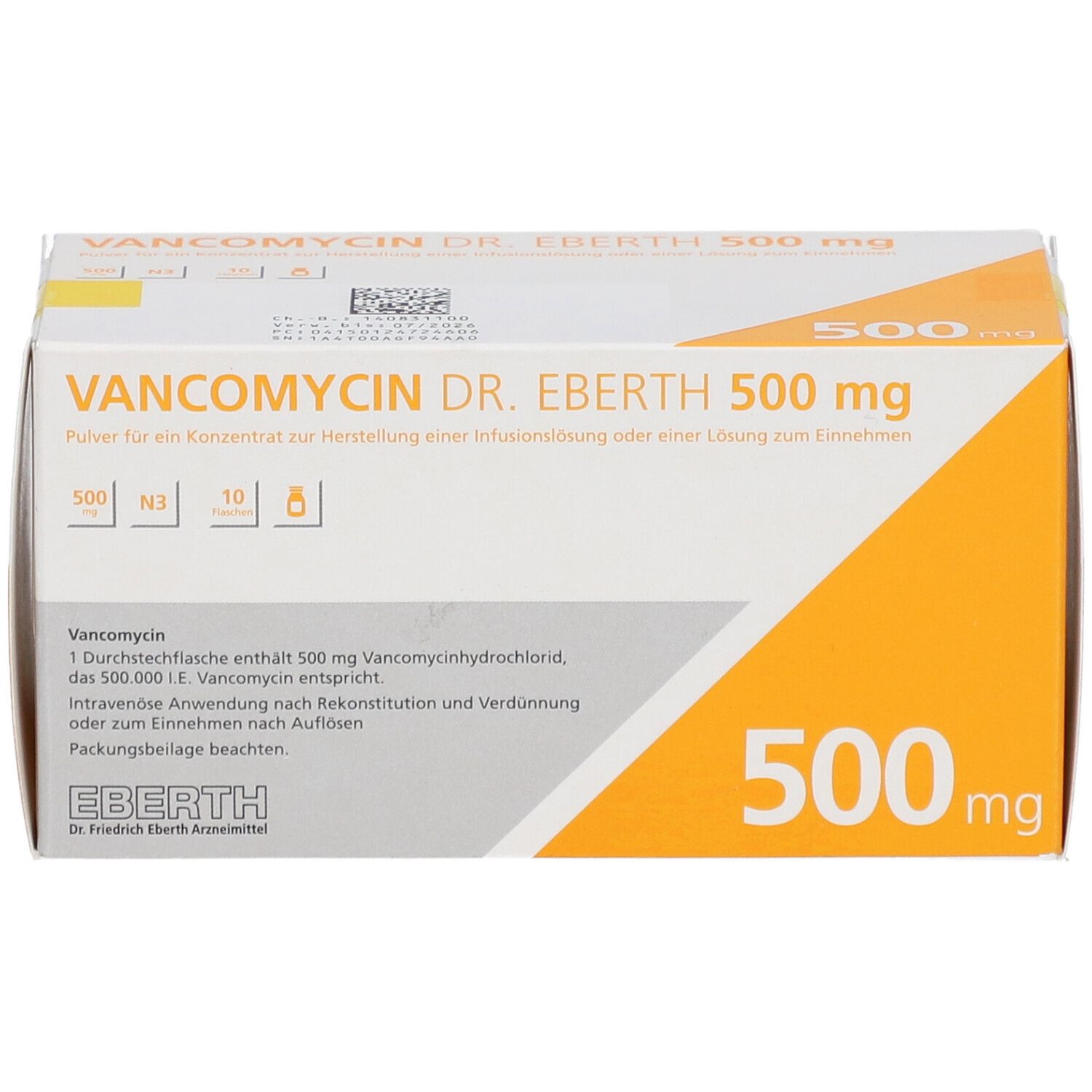 Verpackung von VANCOMYCIN DR. EBERTH 500 mg. Weiß-orangefarbener Karton mit Produktinformationen und Dosierungsangaben.