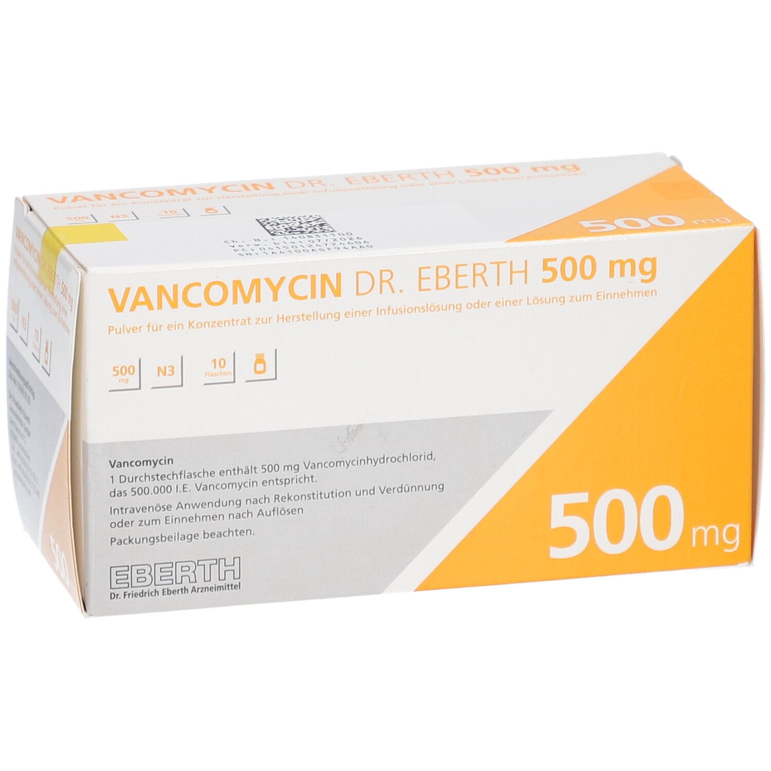 Verpackung von VANCOMYCIN DR. EBERTH 500 mg. Weiß-orangefarbener Karton mit Produktinformationen und Dosierungsangaben.