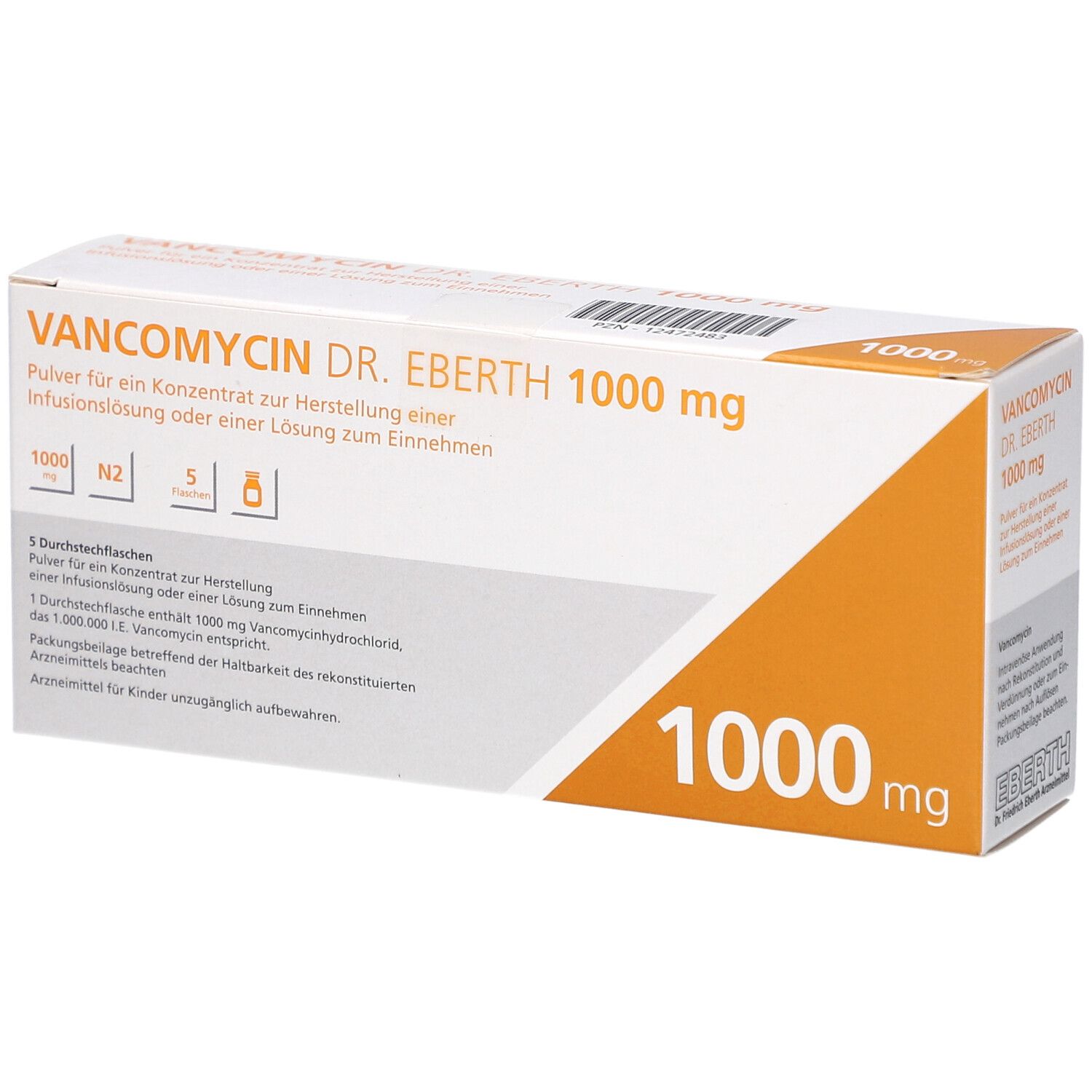Verpackung von Vancomycin Dr. Eberth 1000 mg. Weißer Karton mit orangefarbenem Akzent. Produktname und Dosierung deutlich sichtbar.