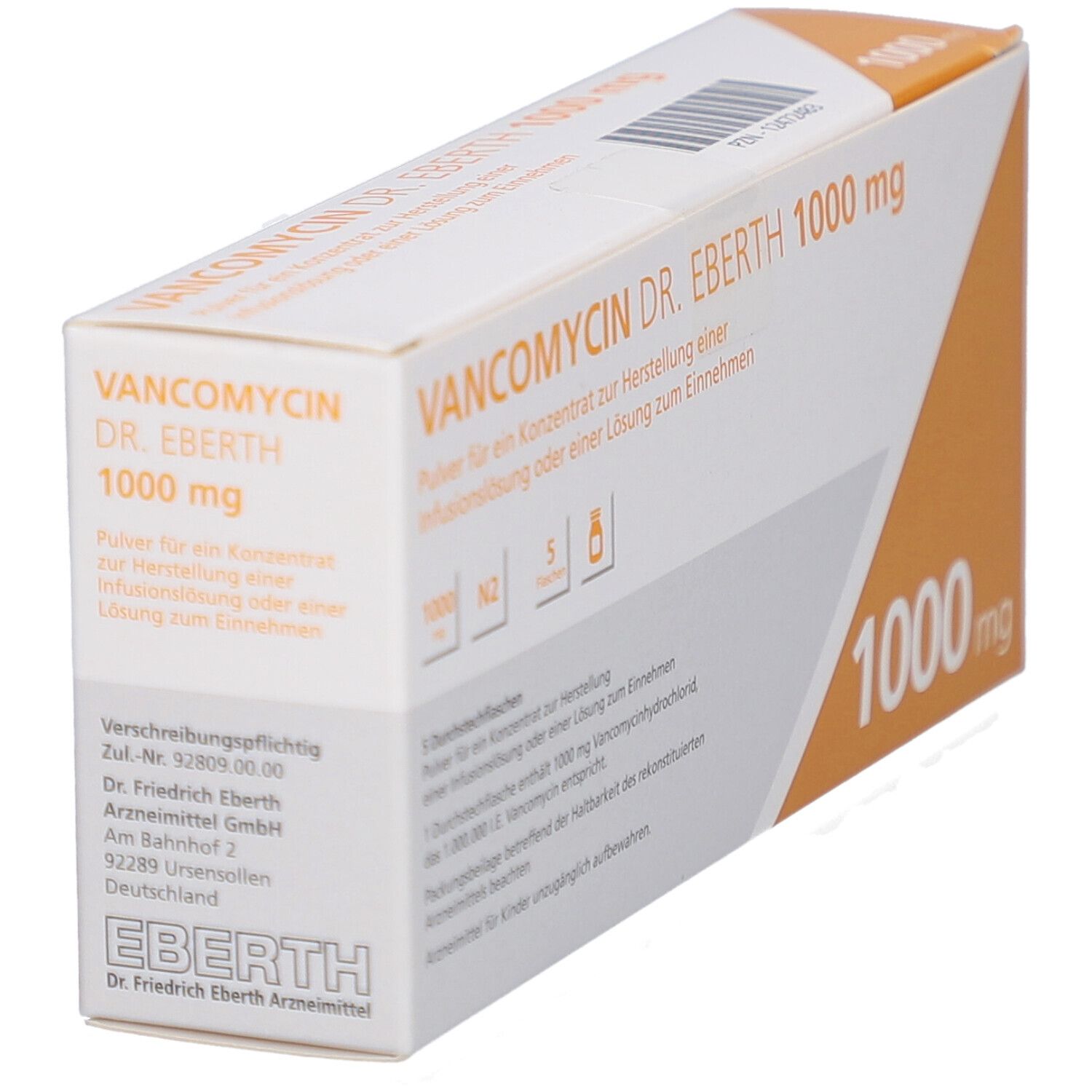 Schrägansicht der Vancomycin Dr. Eberth 1000 mg Verpackung. Weißer Karton mit orangefarbenem Akzent. Produktname und Dosierung.