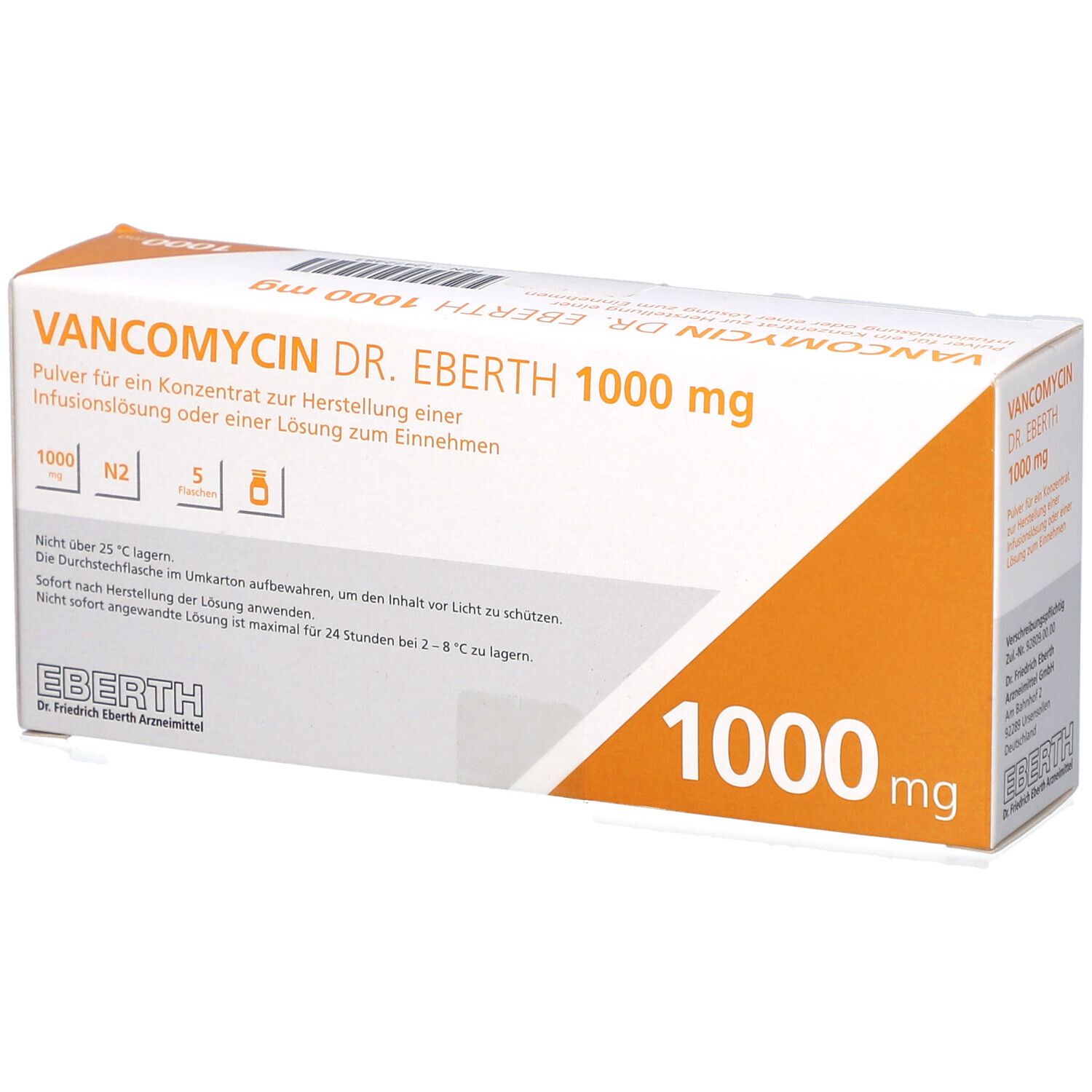 Vancomycin Dr. Eberth 1000 mg Verpackung. Weißer Karton mit orangefarbenem Akzent. Produktname und Dosierung deutlich sichtbar.