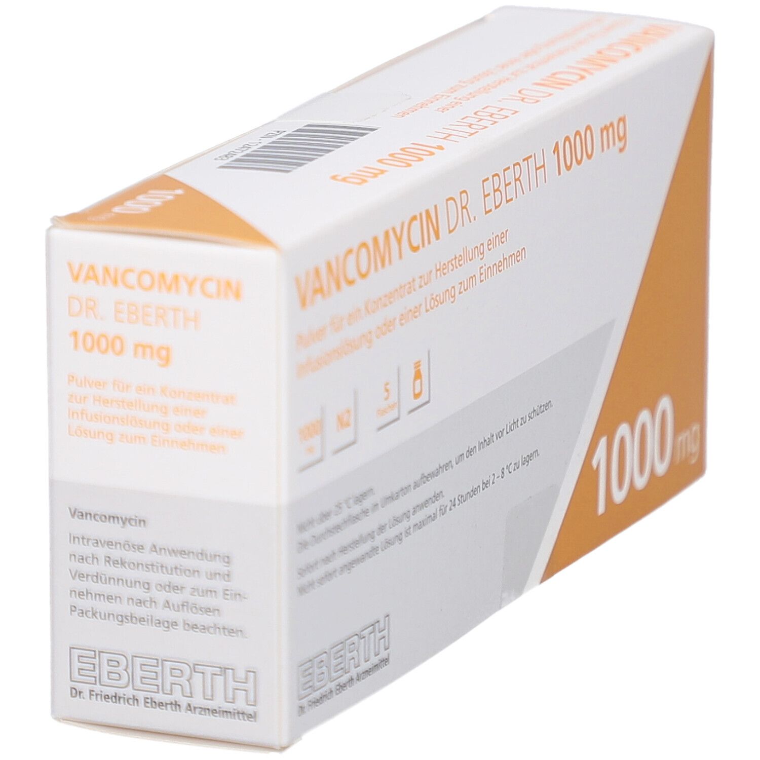 Schrägansicht der Vancomycin Dr. Eberth 1000 mg Verpackung. Weißer Karton mit orangefarbenem Akzent. Produktname und Dosierung.