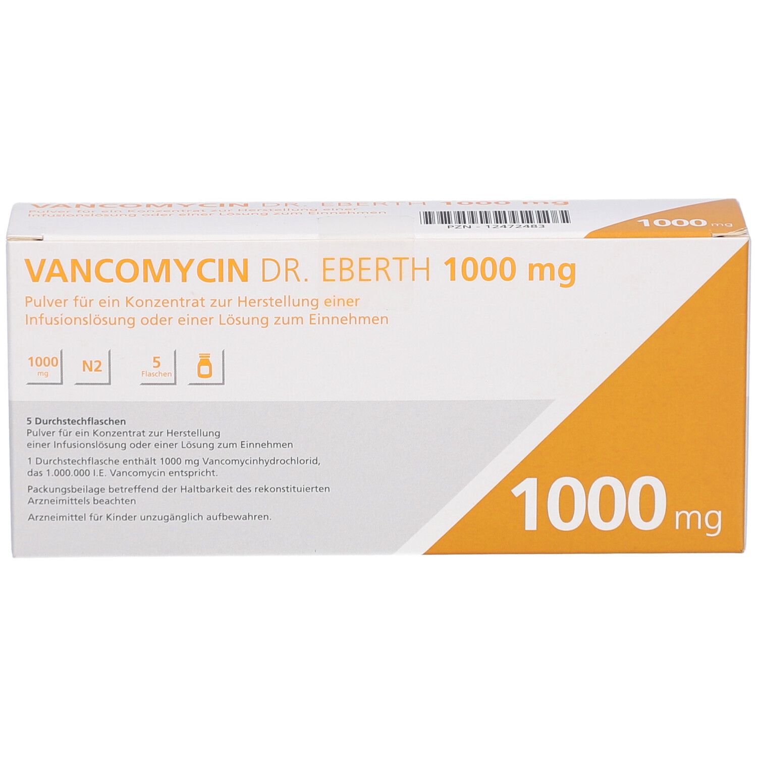 Vancomycin Dr. Eberth 1000 mg Verpackung. Weißer Karton mit orangefarbenem Akzent. Produktname und Dosierung deutlich sichtbar.