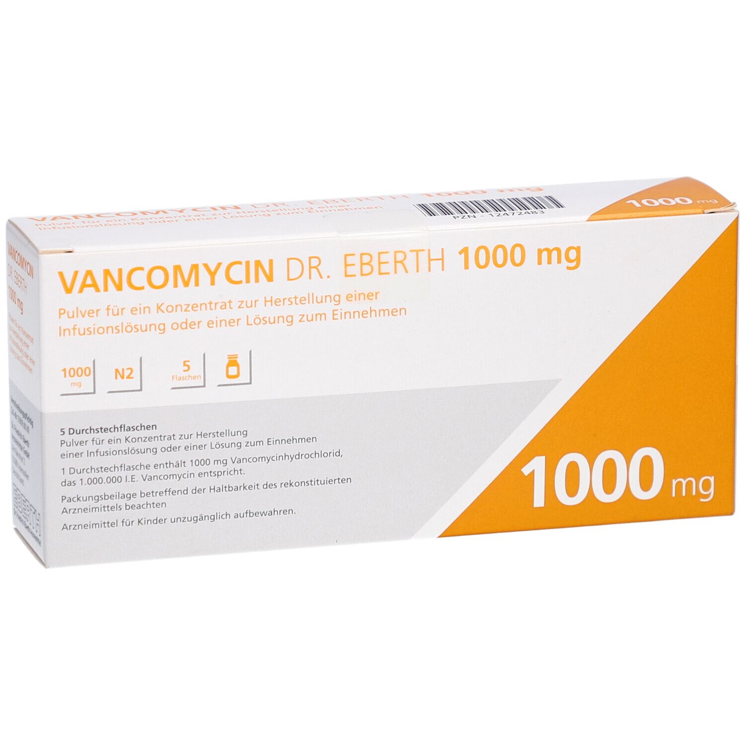 Vancomycin Dr. Eberth 1000 mg Verpackung. Weißer Karton mit orangefarbenem Akzent. Produktname und Dosierung deutlich sichtbar.