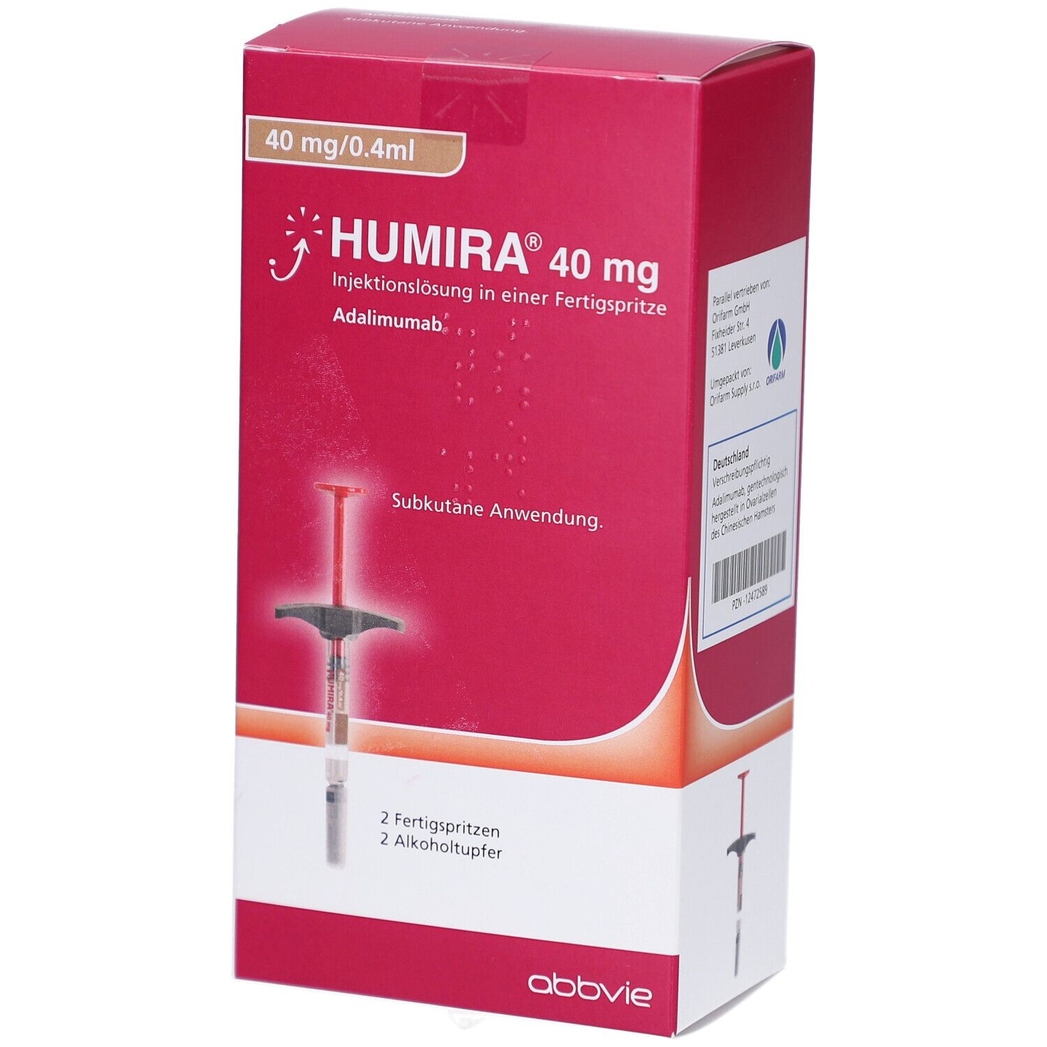 Rote Humira-Verpackung mit Spritze-Abbildung. Enthält 2 Fertigspritzen und Alkoholtupfer. Aufschrift: Humira 40 mg.