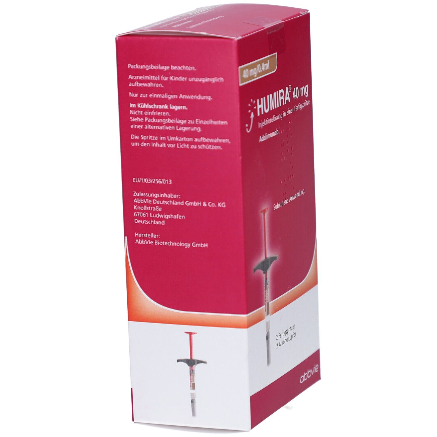 Rote Humira-Verpackung, Seitenansicht. Text: Packungsbeilage beachten. Aufschrift: Humira 40 mg. Abbildung einer Spritze.