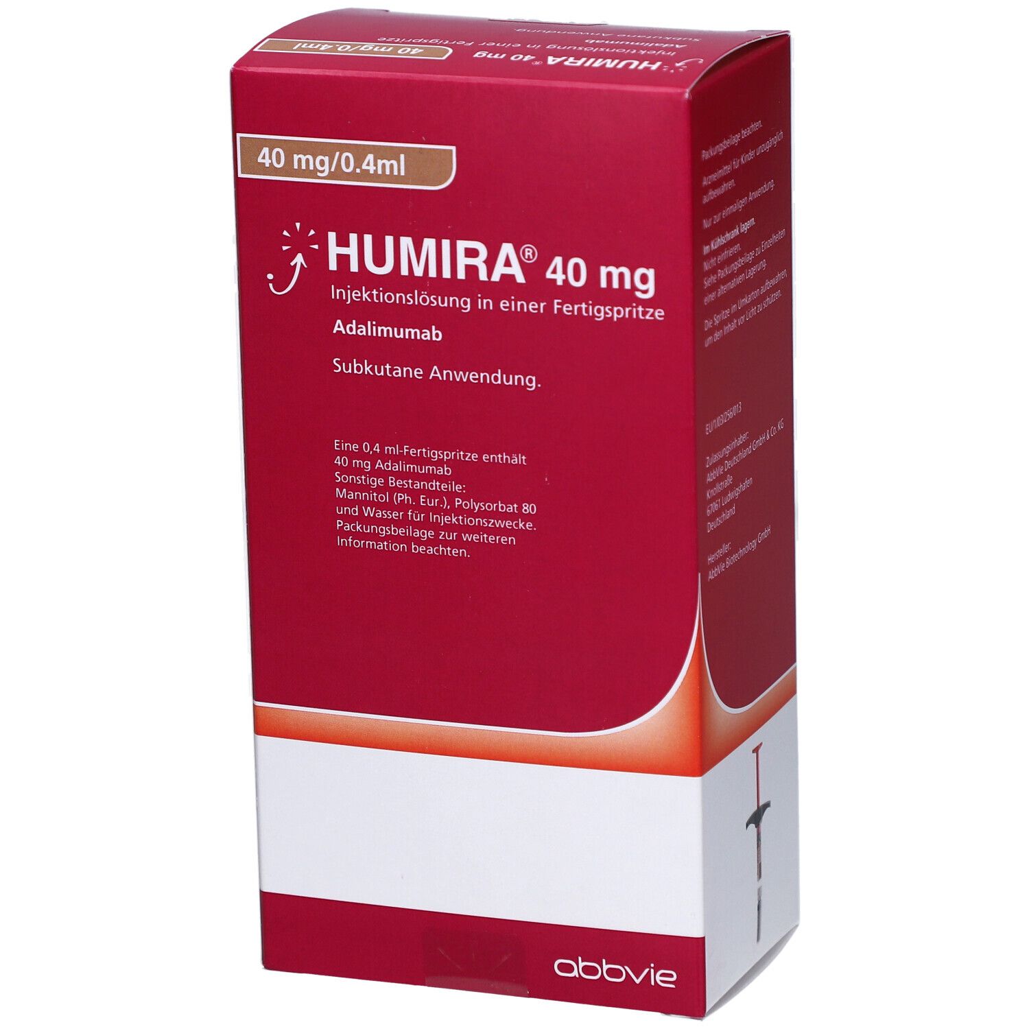 Rote Humira-Verpackung. Aufschrift: Humira 40 mg. Enthält eine Fertigspritze. Text: Subkutane Anwendung. Abbildung einer Spritze.