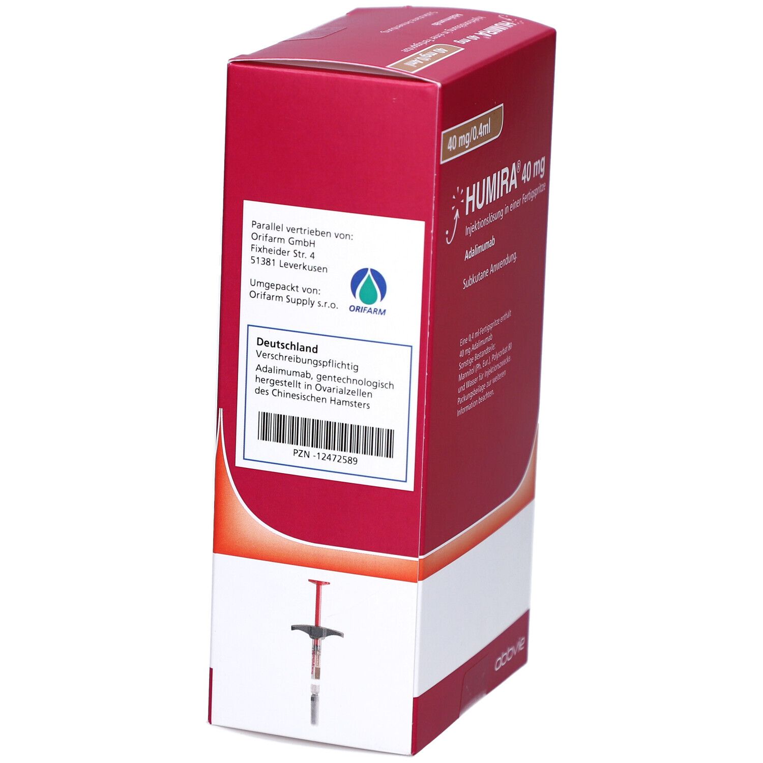 Rote Humira-Verpackung, Seitenansicht. Text: Verschreibungspflichtig. Aufschrift: Humira 40 mg. Abbildung einer Spritze.